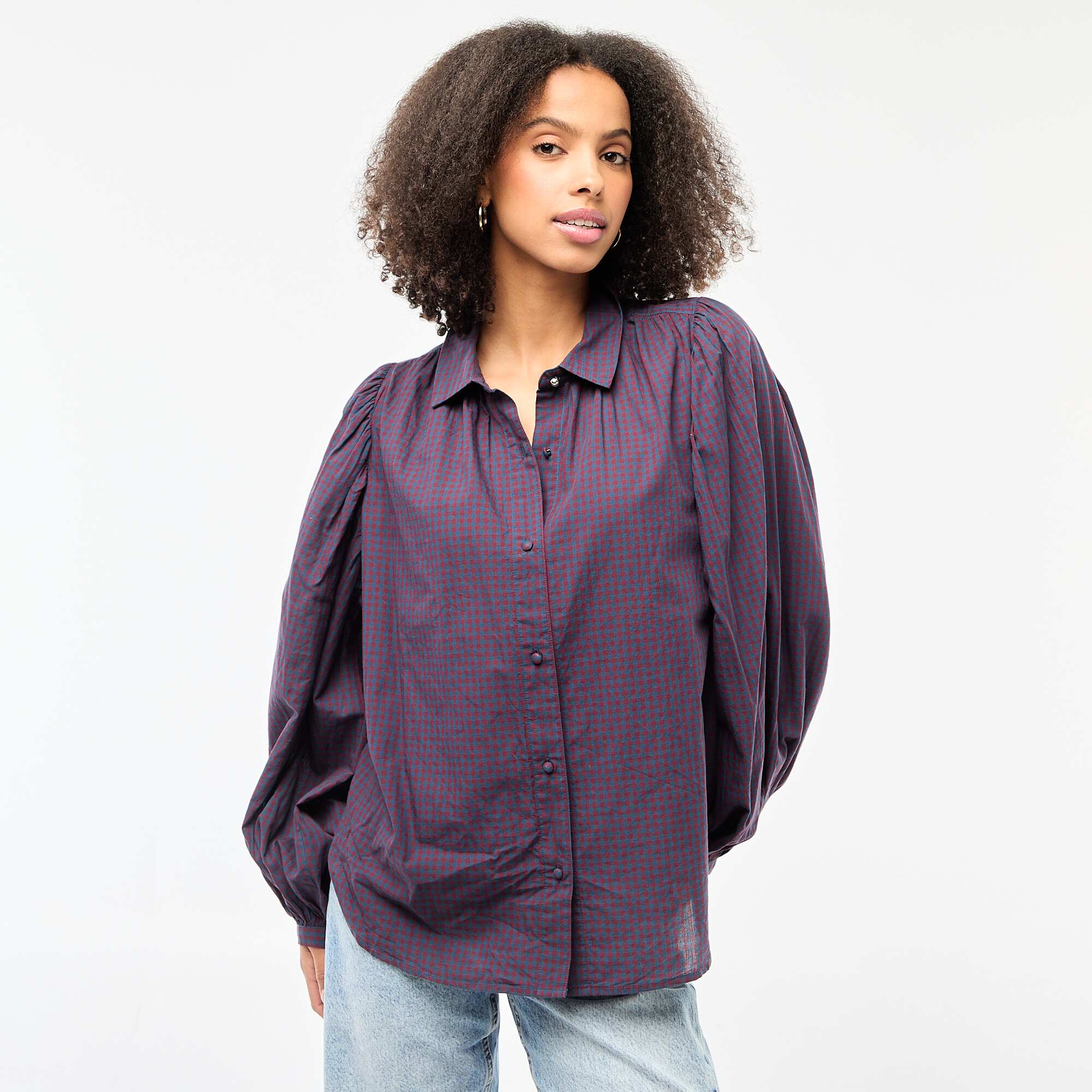 Gingham Print Flowy Blouse BLUE - Image 3