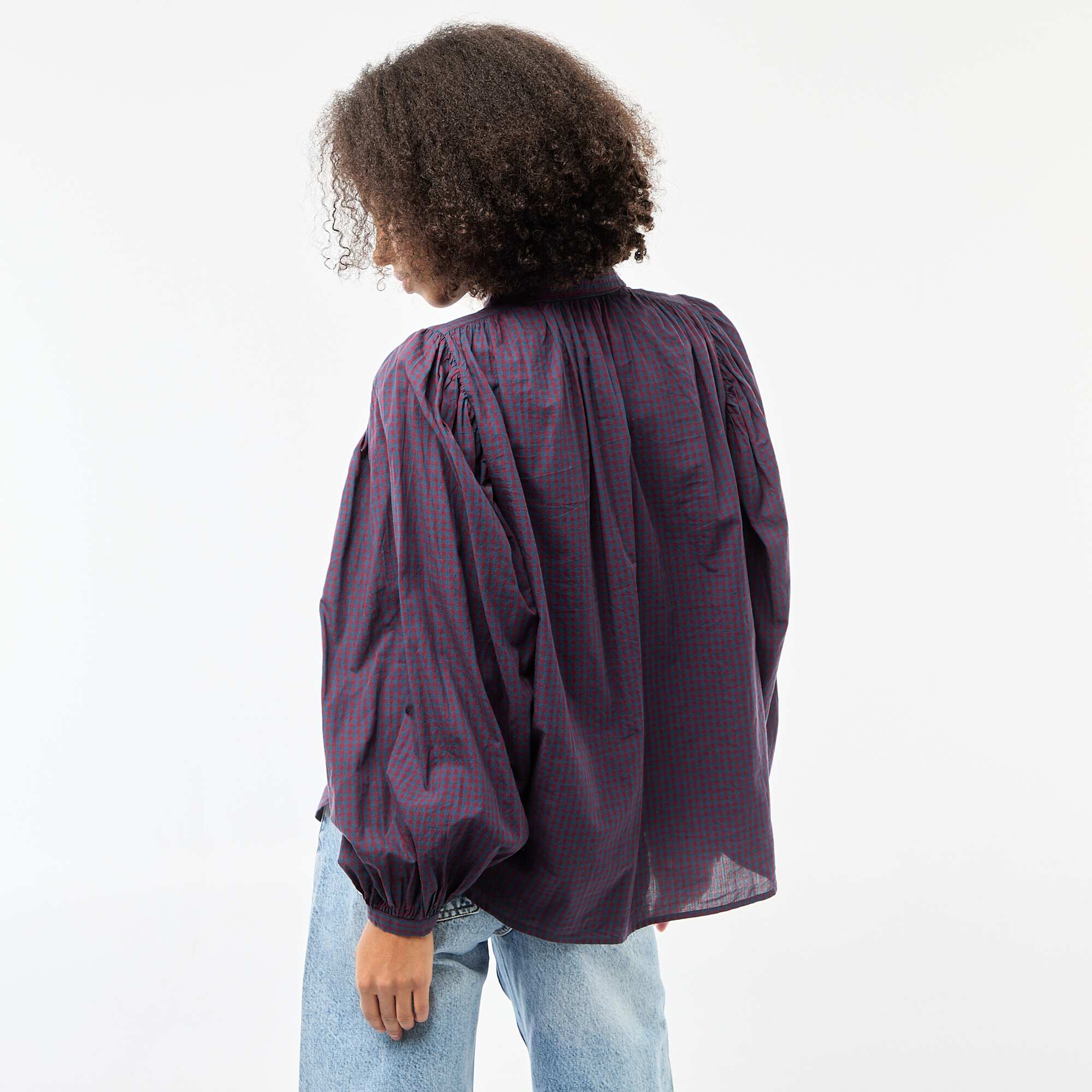 Gingham Print Flowy Blouse BLUE - Image 4
