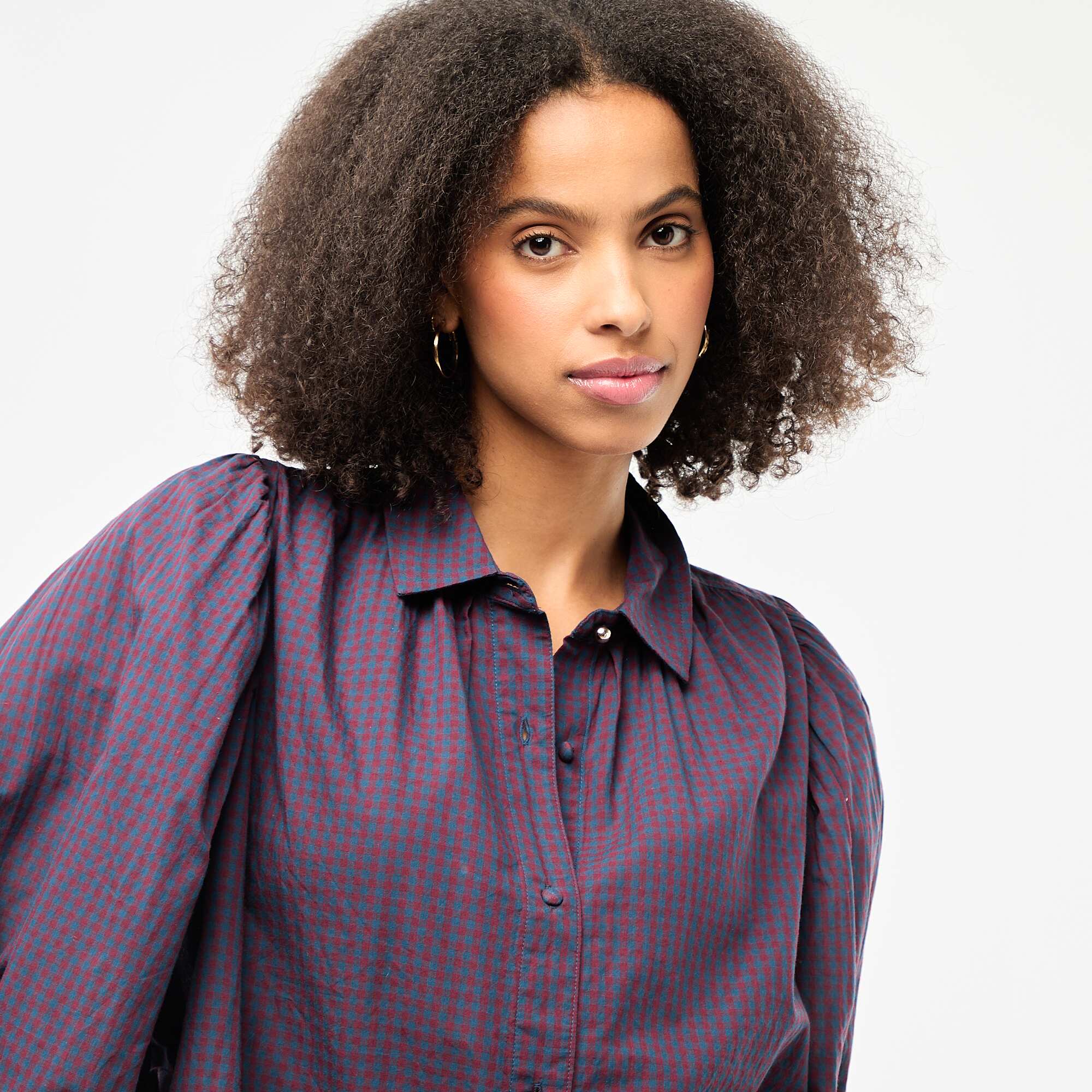 Gingham Print Flowy Blouse BLUE - Image 5