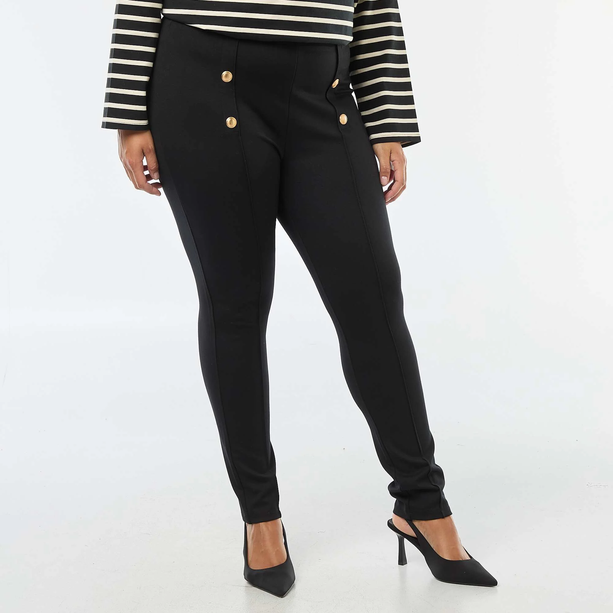 High-Waisted Plain Leggings with Gold Buttons BLACK - Image 2