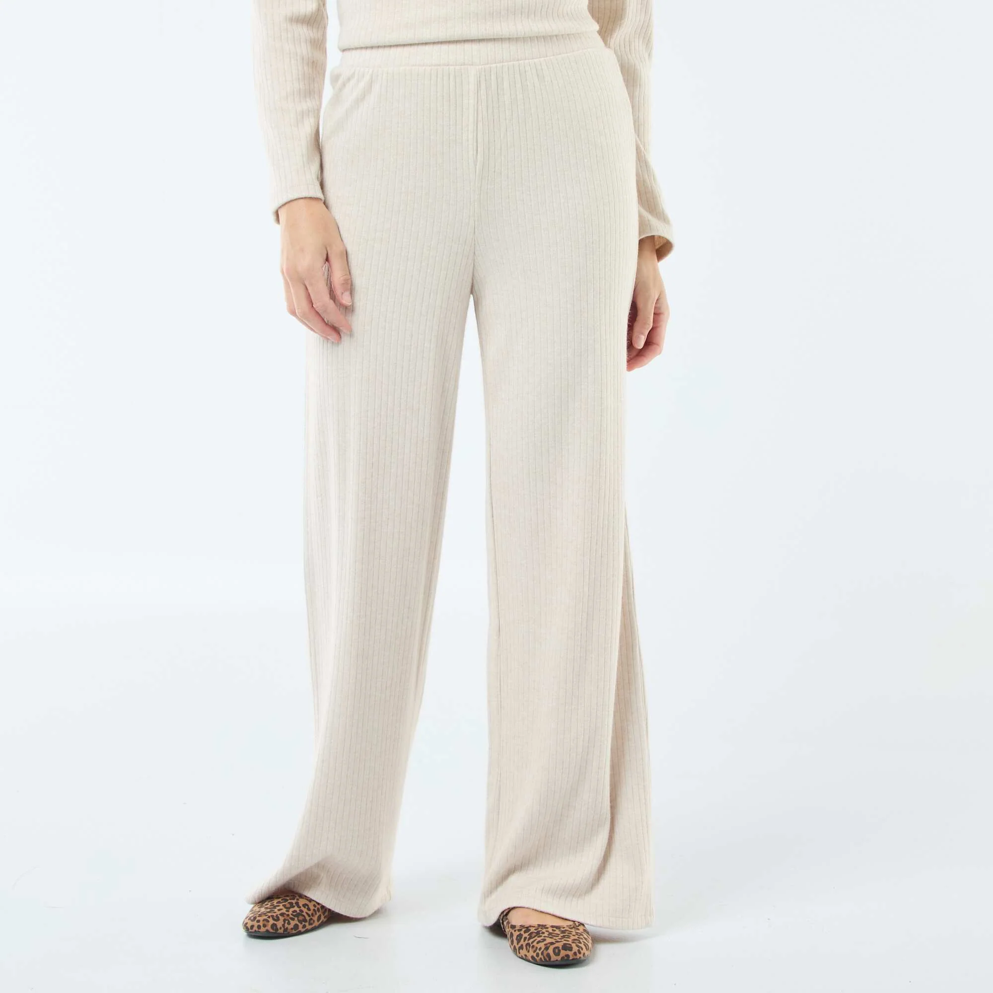 High-Waisted Ribbed Wide-Leg Trousers BEIGE - Image 4