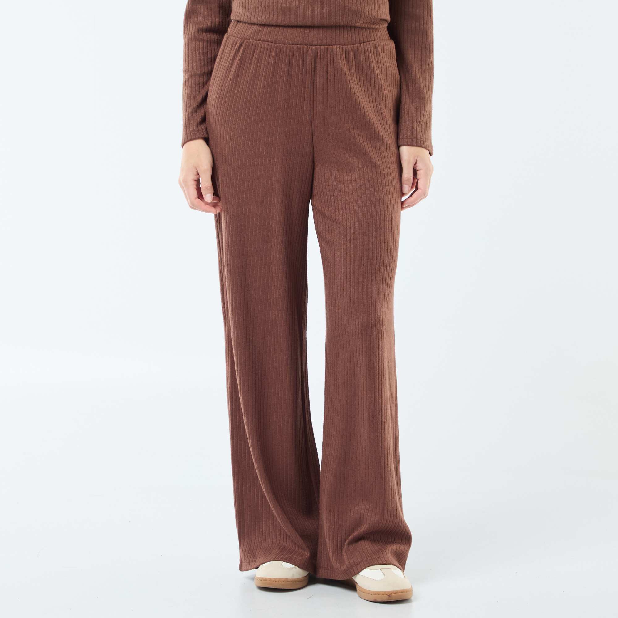 High-Waisted Ribbed Wide-Leg Trousers BROWN - Image 2