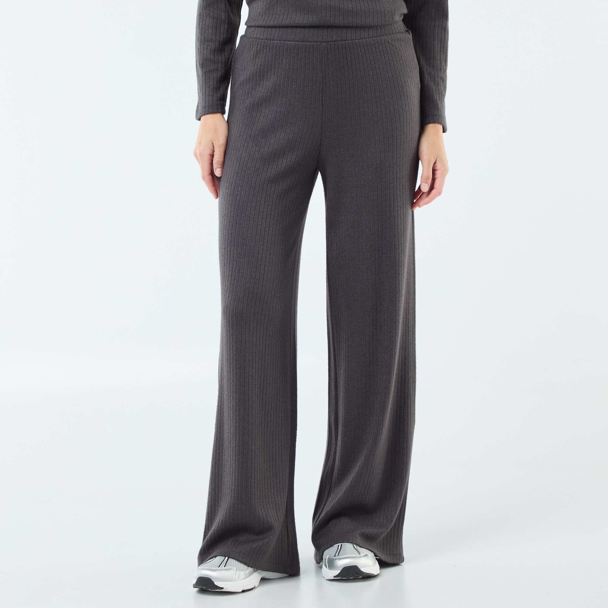 High-Waisted Ribbed Wide-Leg Trousers GREY - Image 4