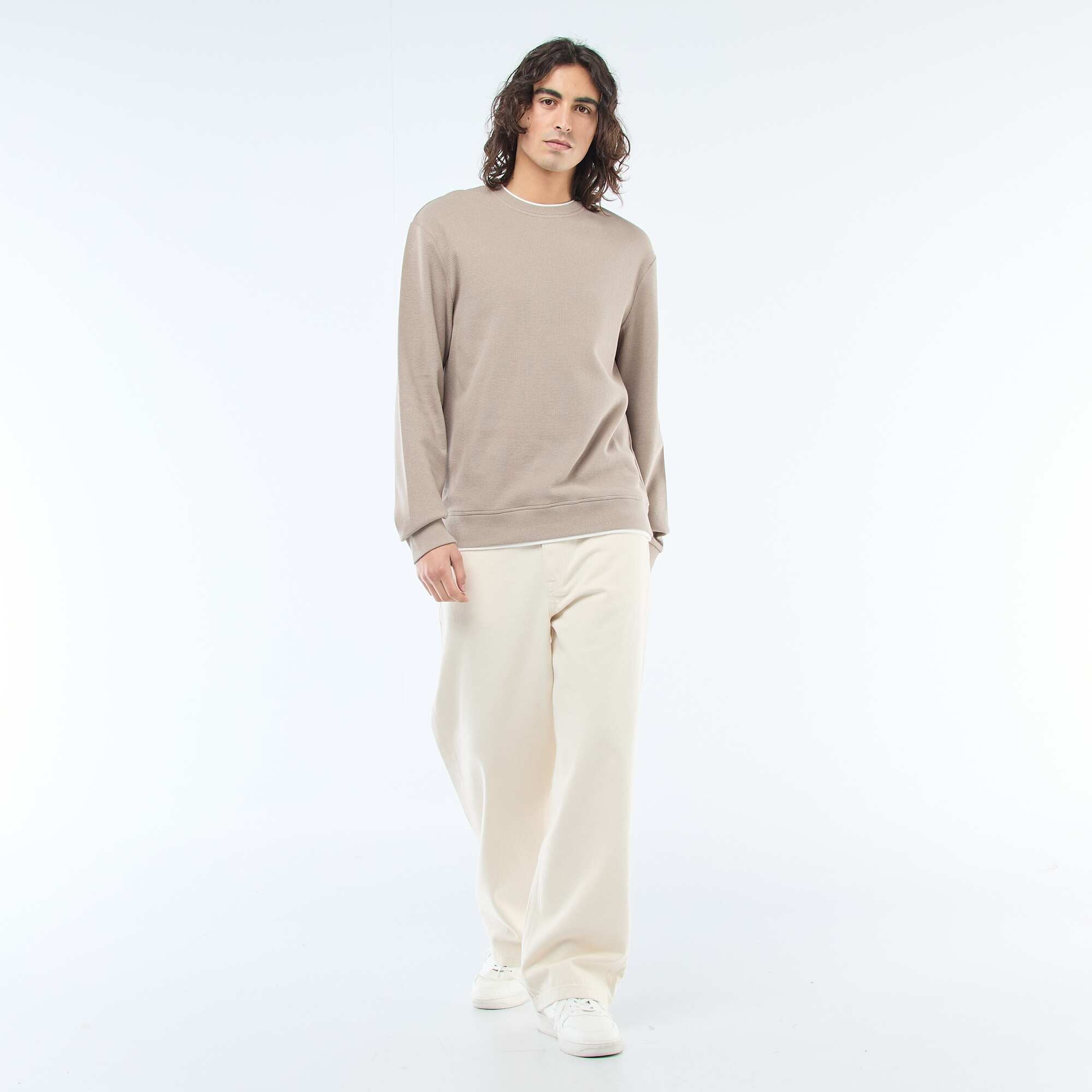 Honeycomb Knit Crew Neck Sweater BEIGE - Image 2