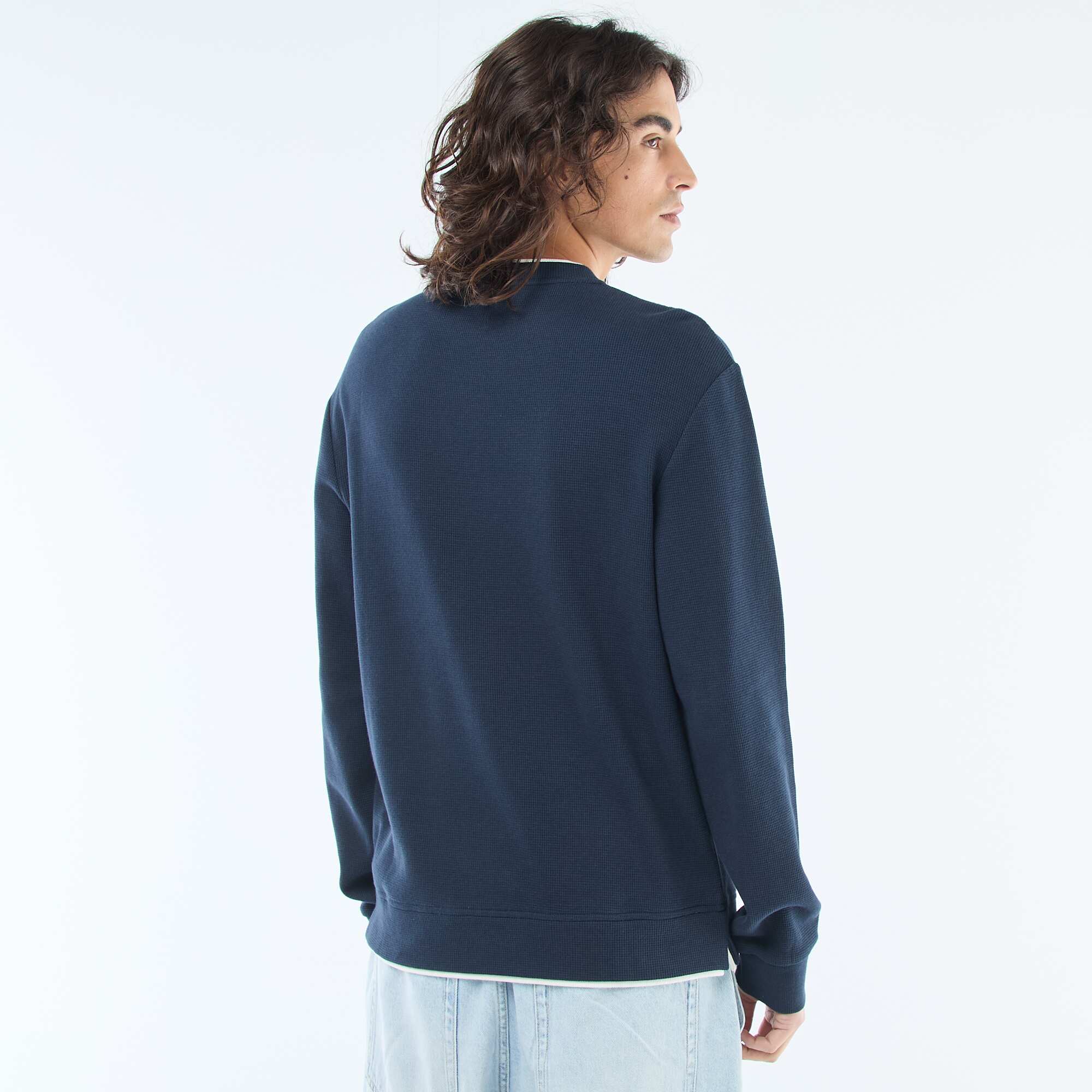 Honeycomb Knit Crew Neck Sweater BLUE - Image 3
