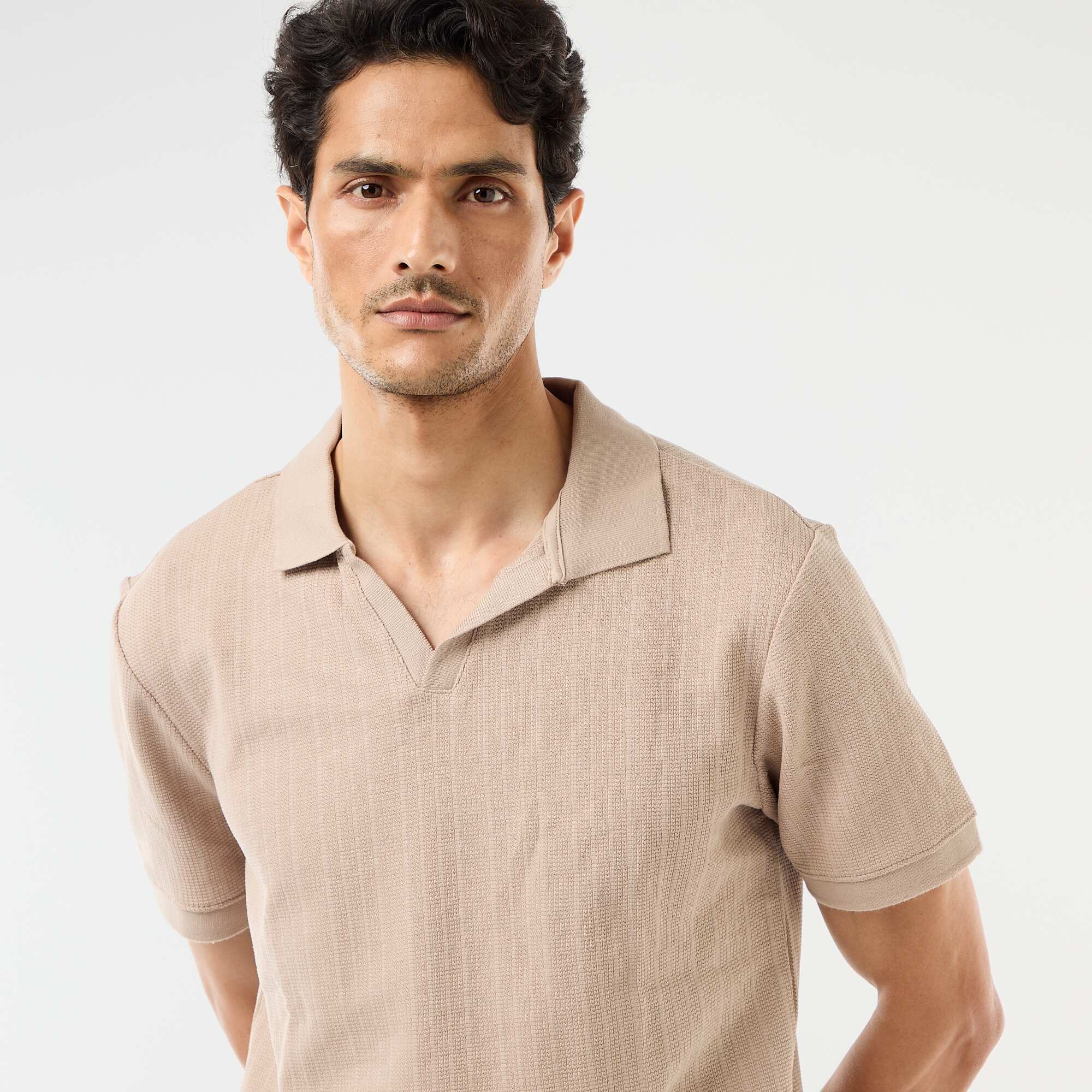 Honeycomb Knit Short-Sleeve Polo Shirt BEIGE - Image 3
