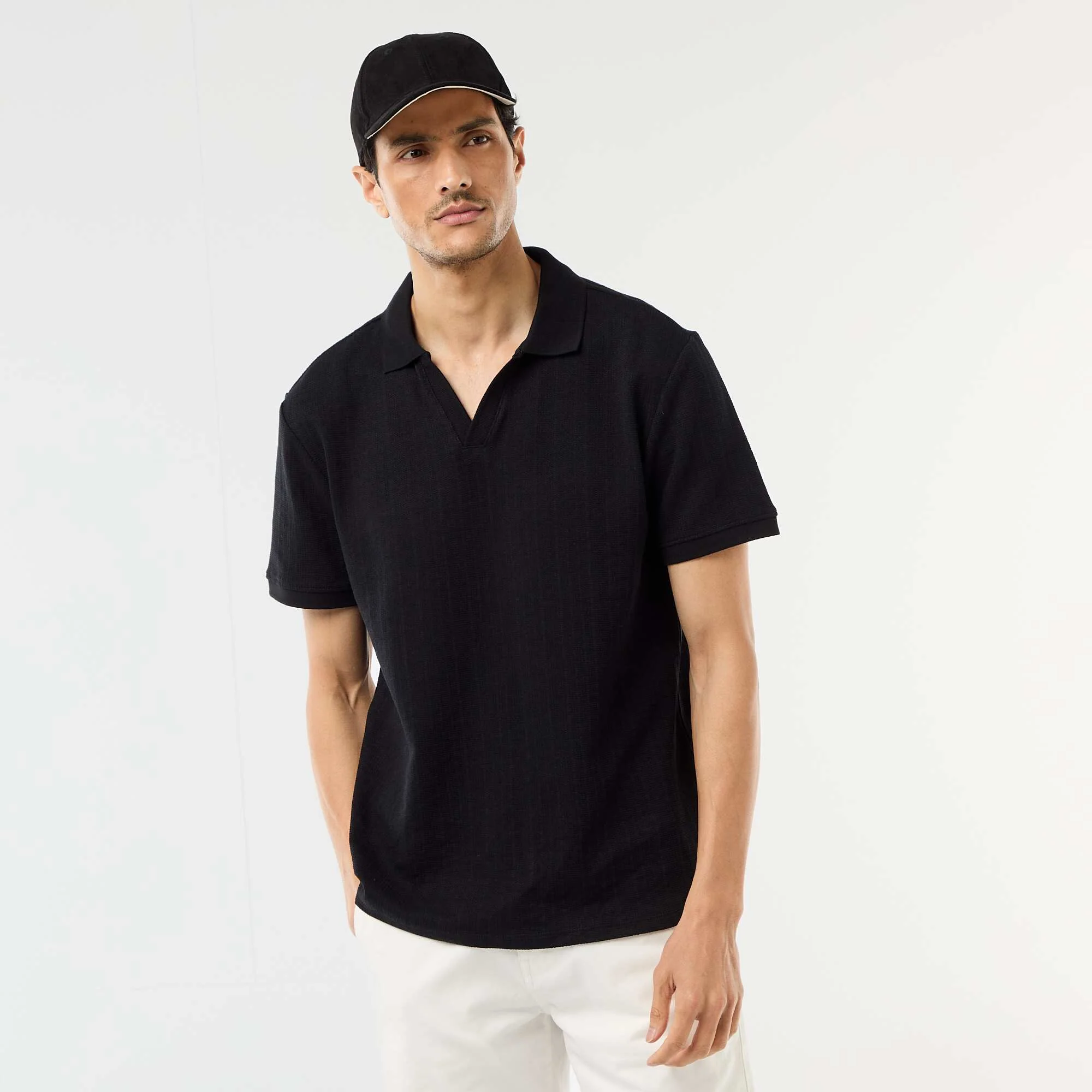Honeycomb Knit Short-Sleeve Polo Shirt BLACK - Image 4