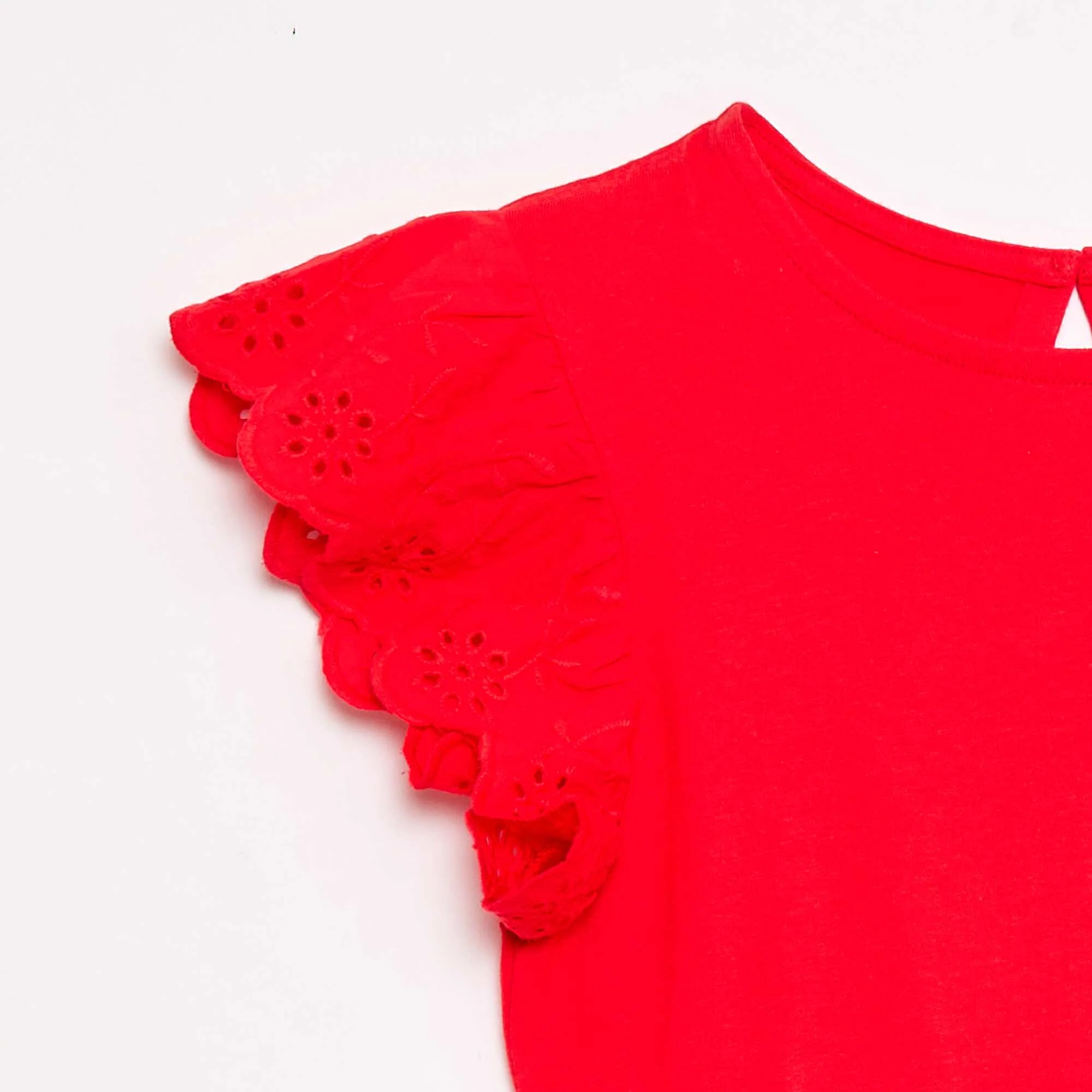 Jersey dress with short eyelet embroidery sleeves RED - Image 3