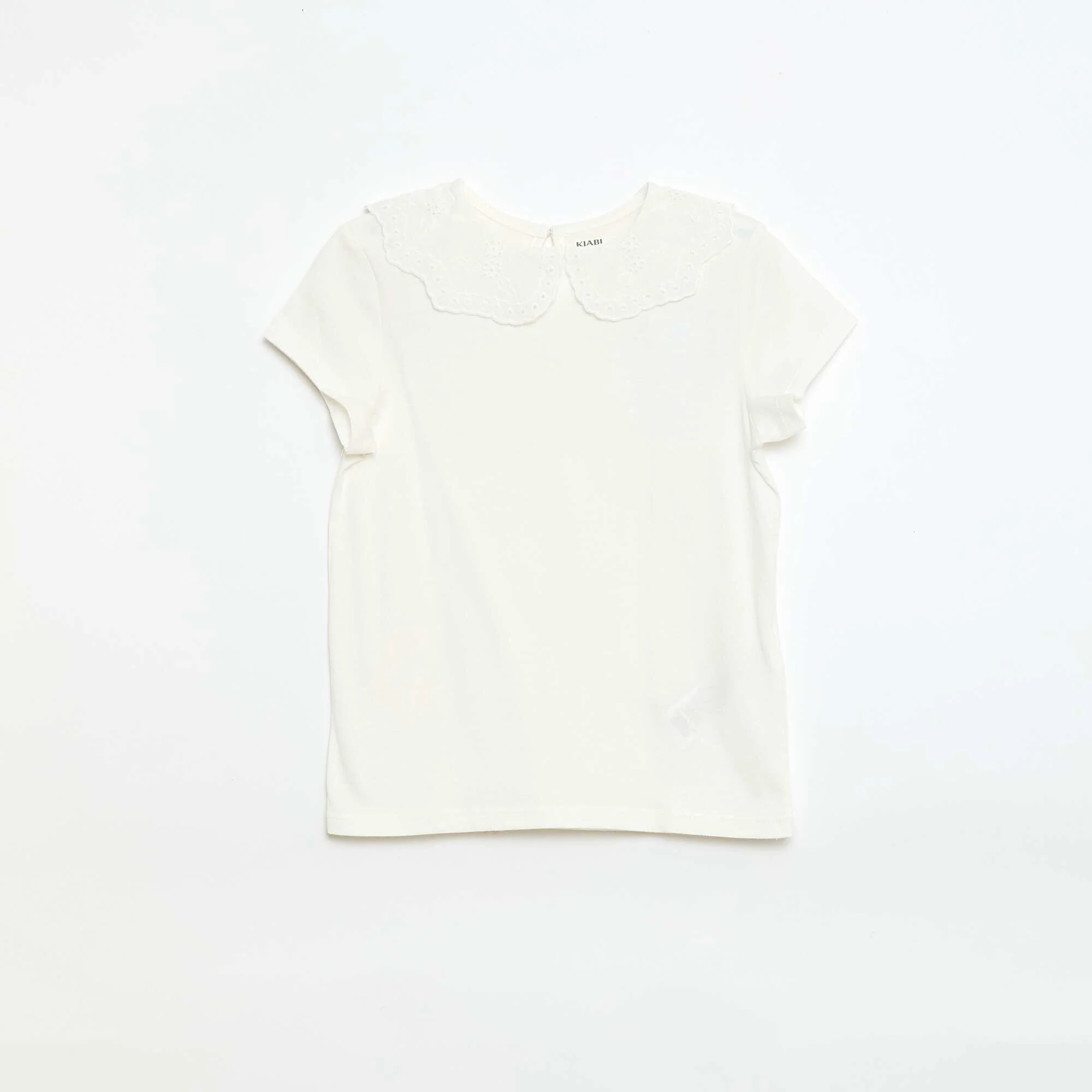 Jersey T-shirt with Round Neck and Broderie Anglaise WHITE