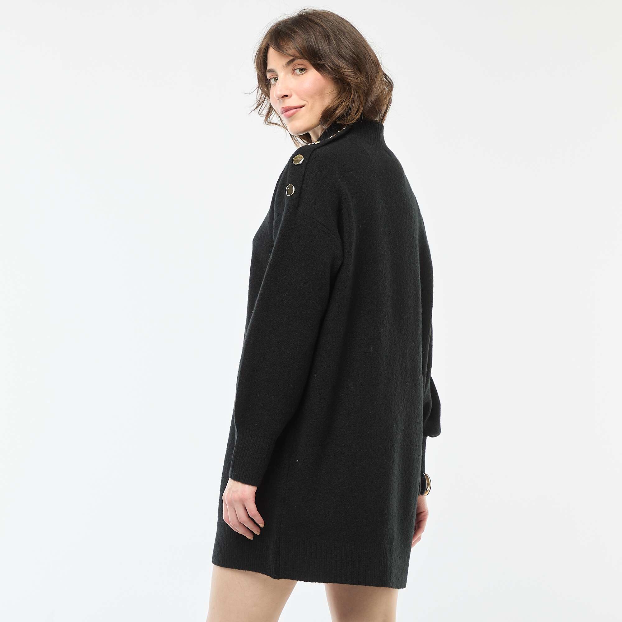 Knit Dress with Decorative Buttons BLACK - Image 3