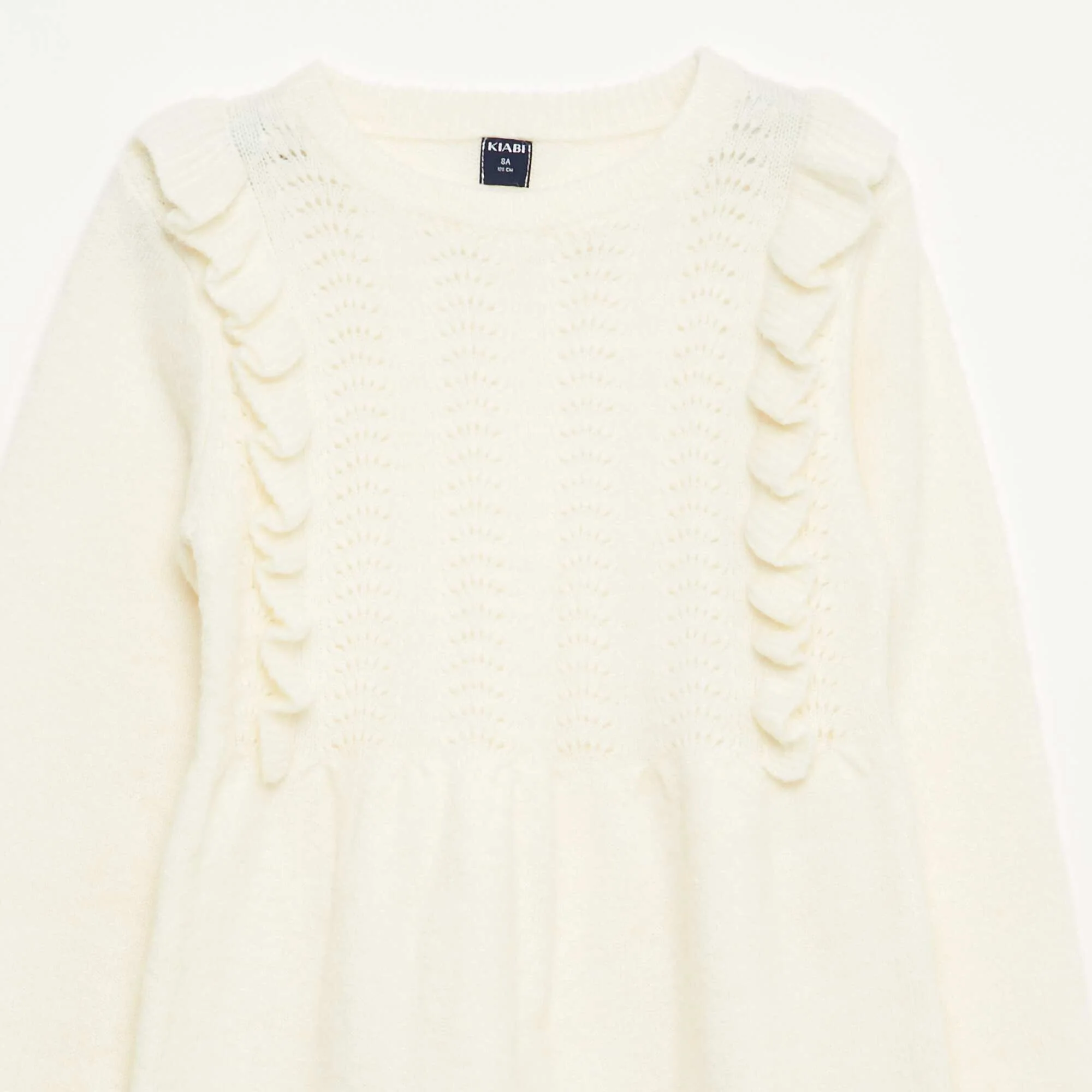 Knit Dress with Openwork Knit and Ruffles WHITE - Image 2