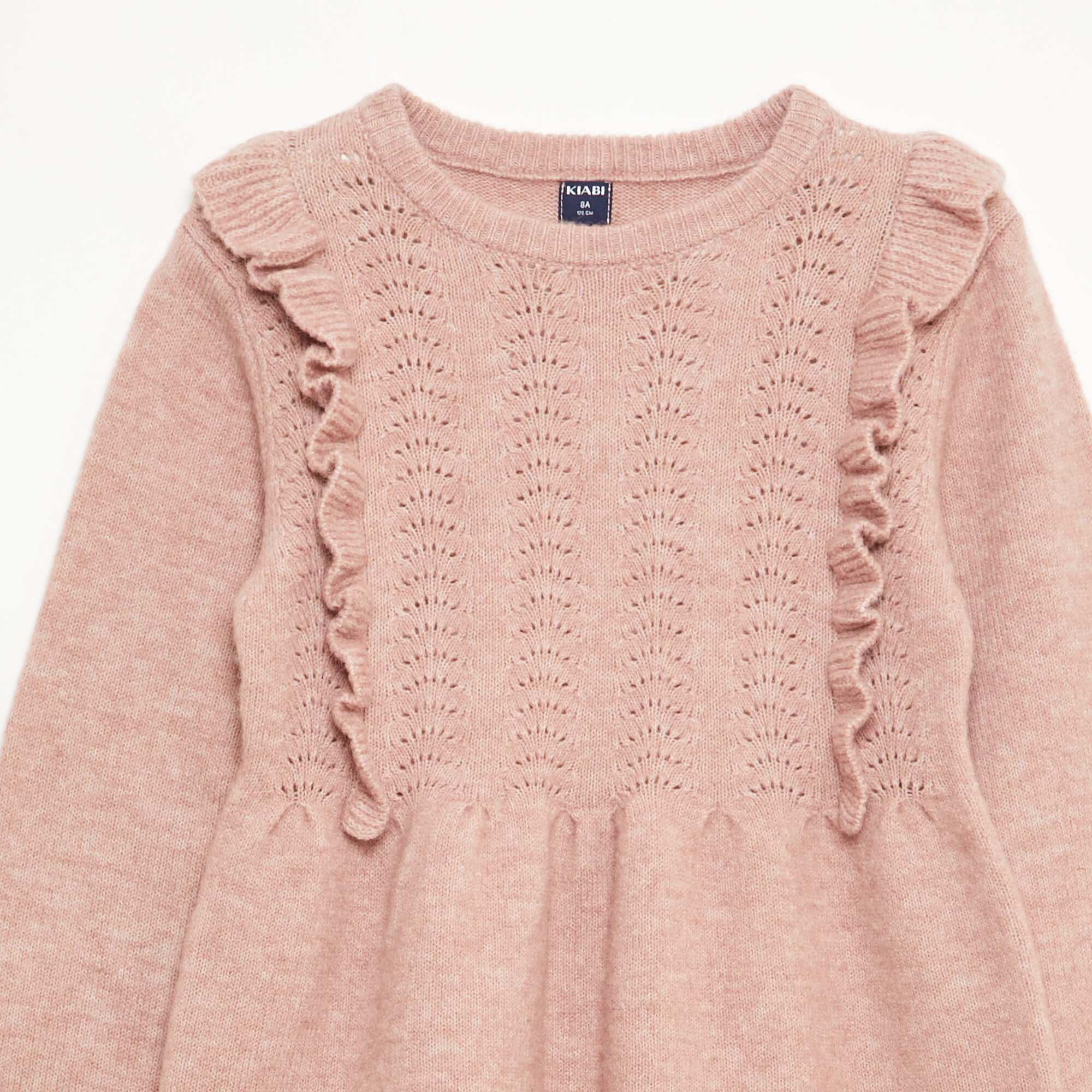 Knit Sweater Dress with Openwork Knit and Ruffles PINK - Image 2