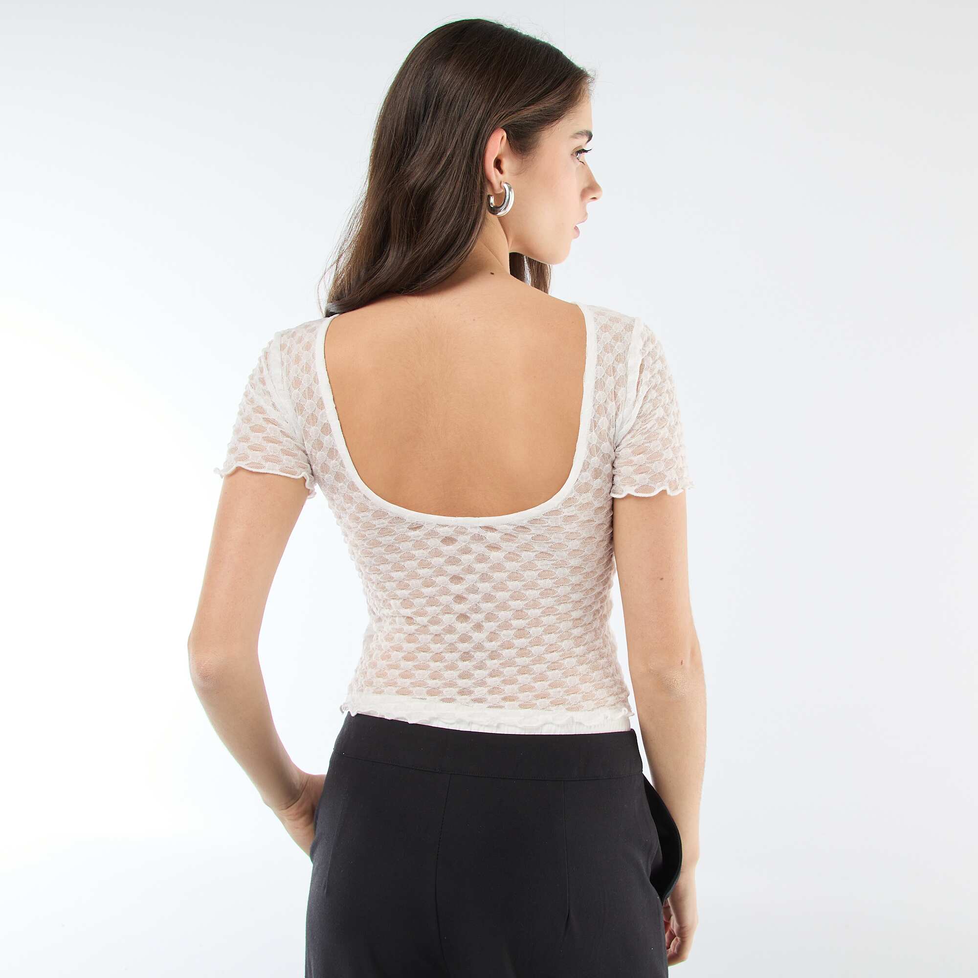 Lace T-shirt with Low-Cut Back WHITE - Image 3
