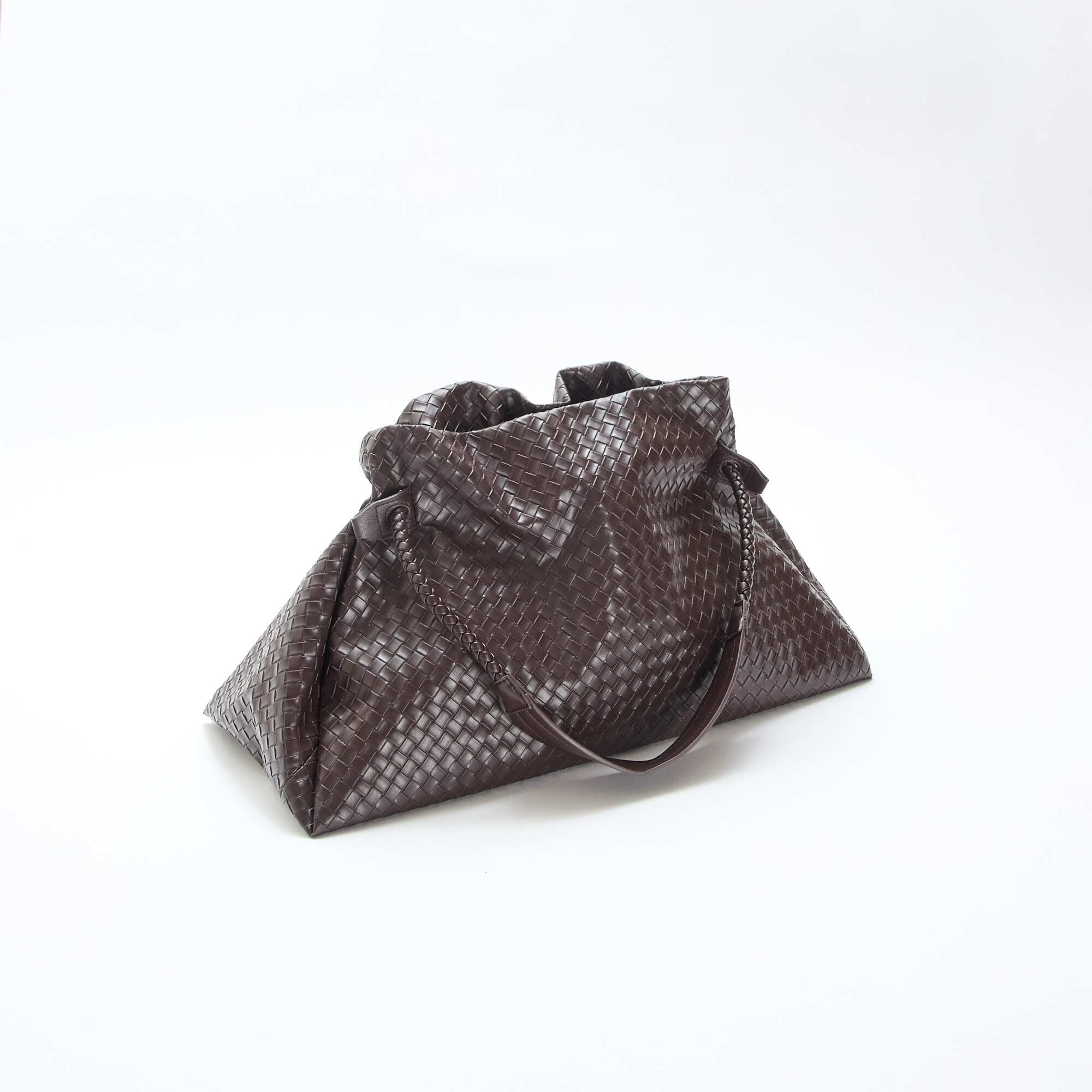 Large Faux Leather Woven-Effect Bag BROWN - Image 3