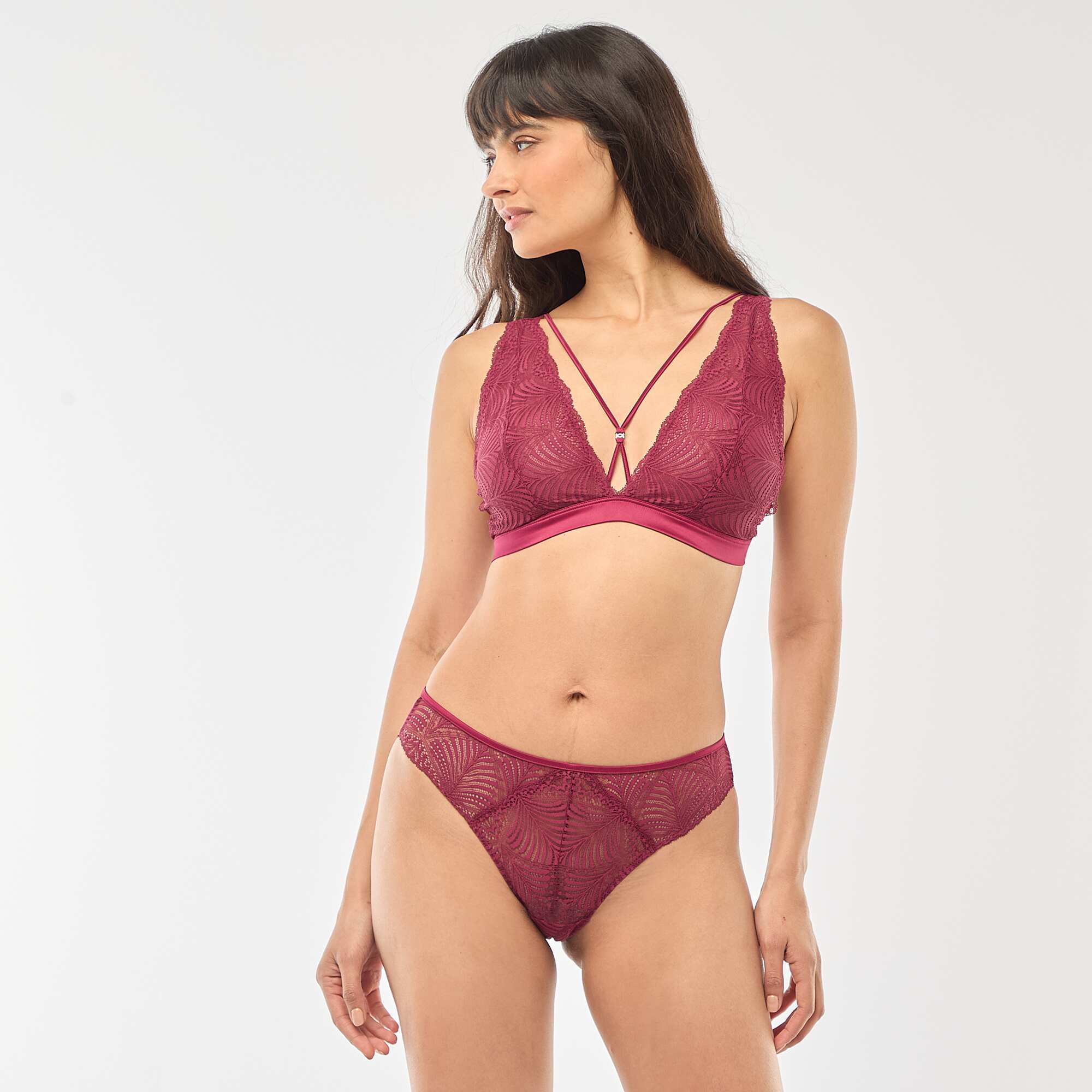 Leafy Lace Sheer Triangle Bra RED - Image 2