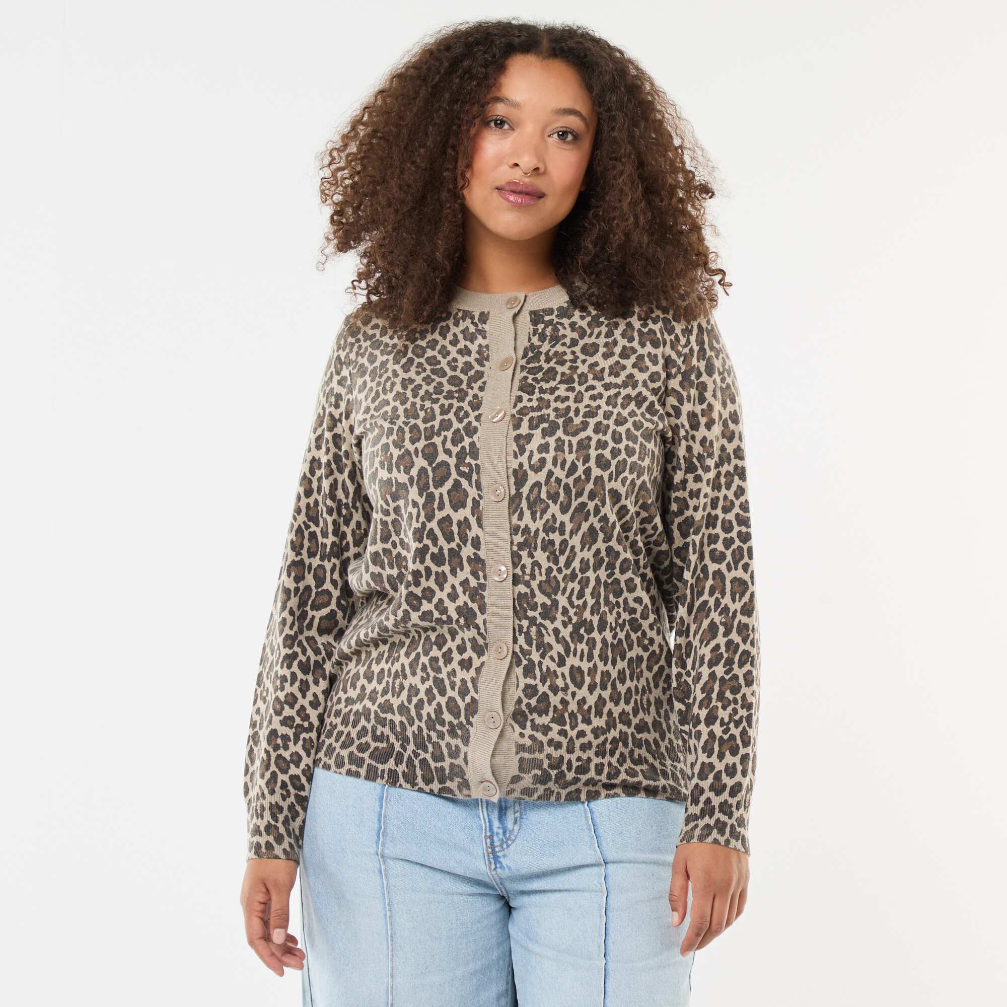 Leopard Print Fine Knit Cardigan BEIGE - Image 3