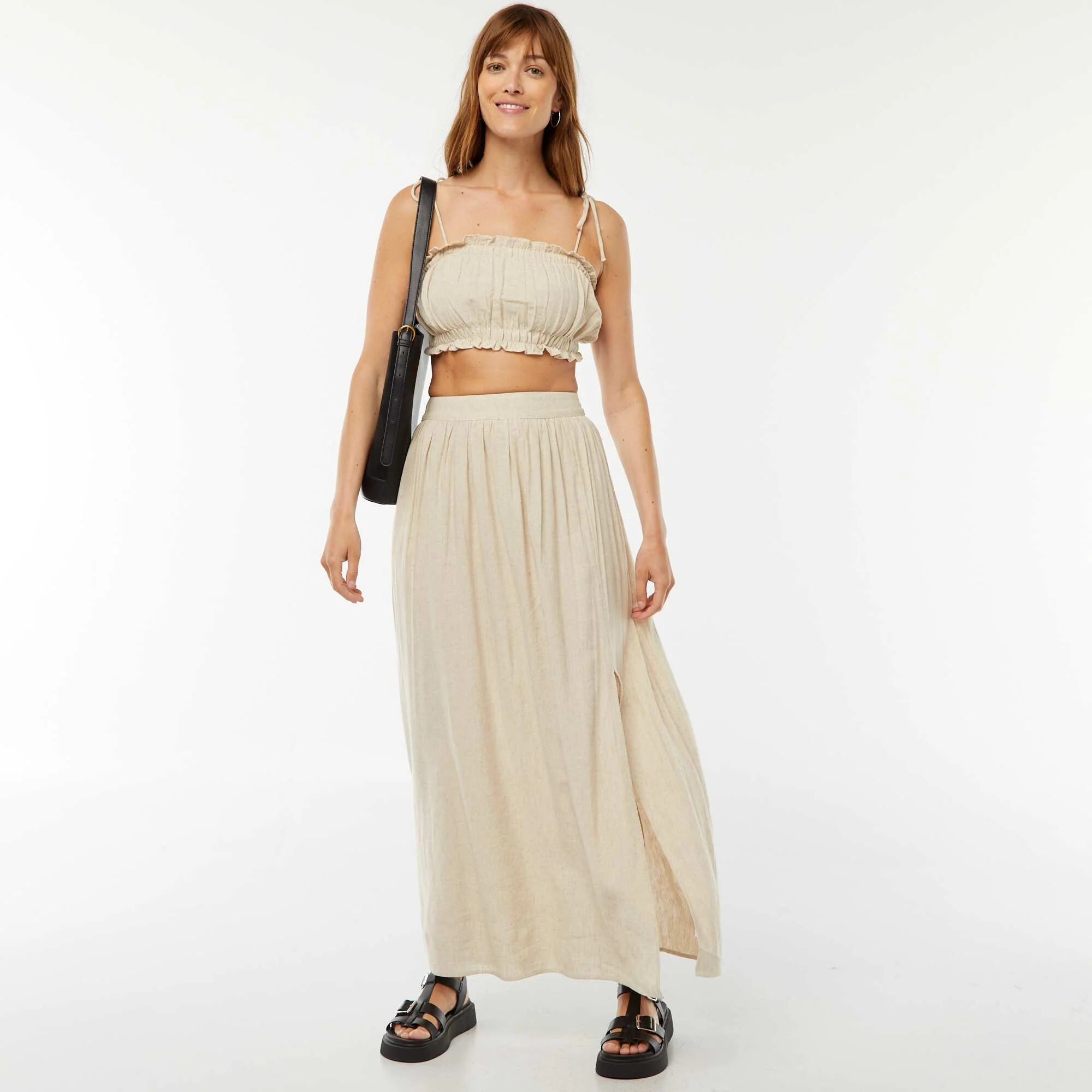 Linen-blend top with tie straps BEIGE - Image 2