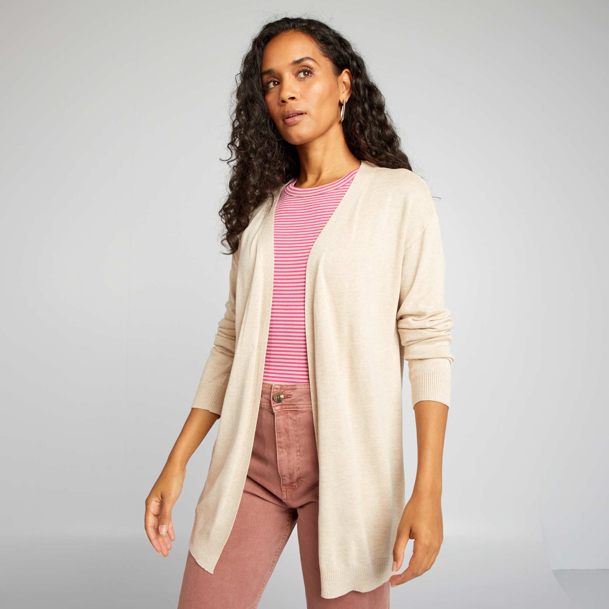 Long fine-knit cardigan BEIGE - Image 4