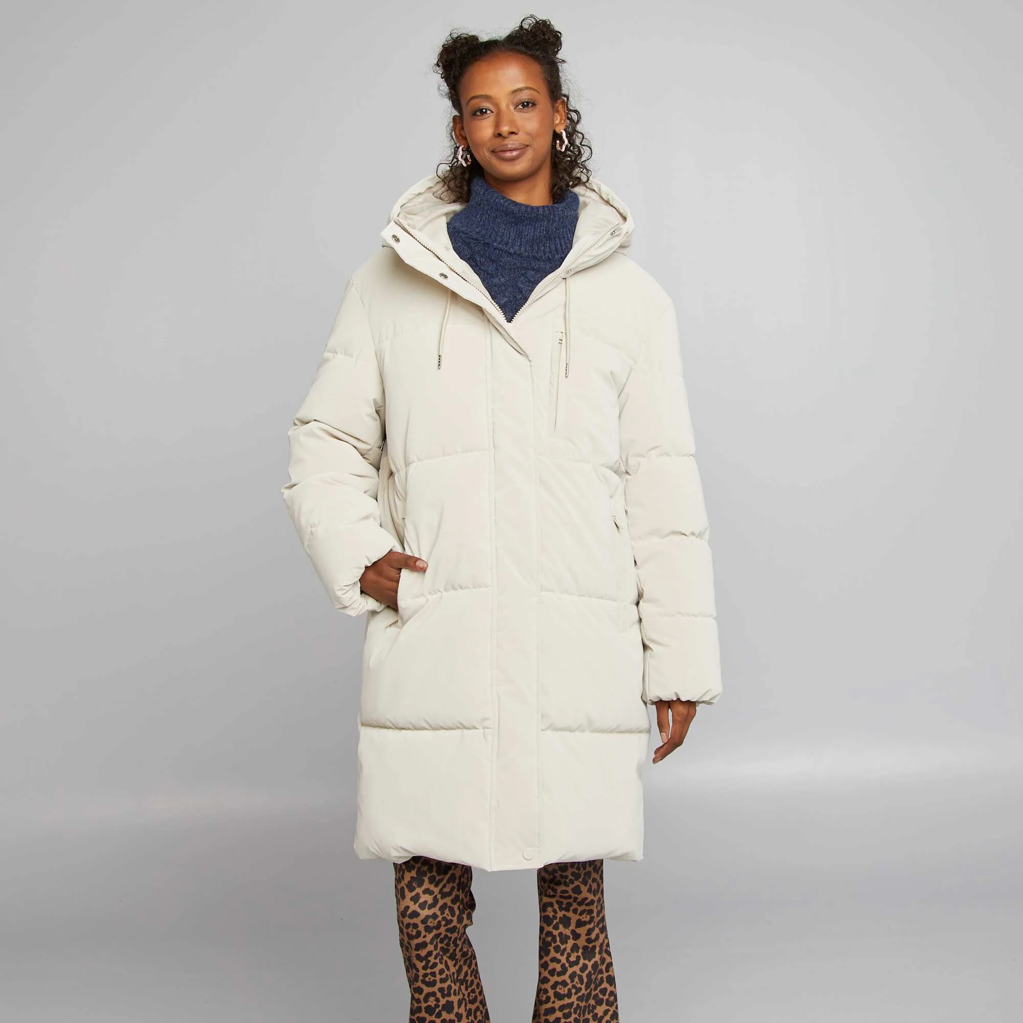 Long hooded padded coat BEIGE - Image 4