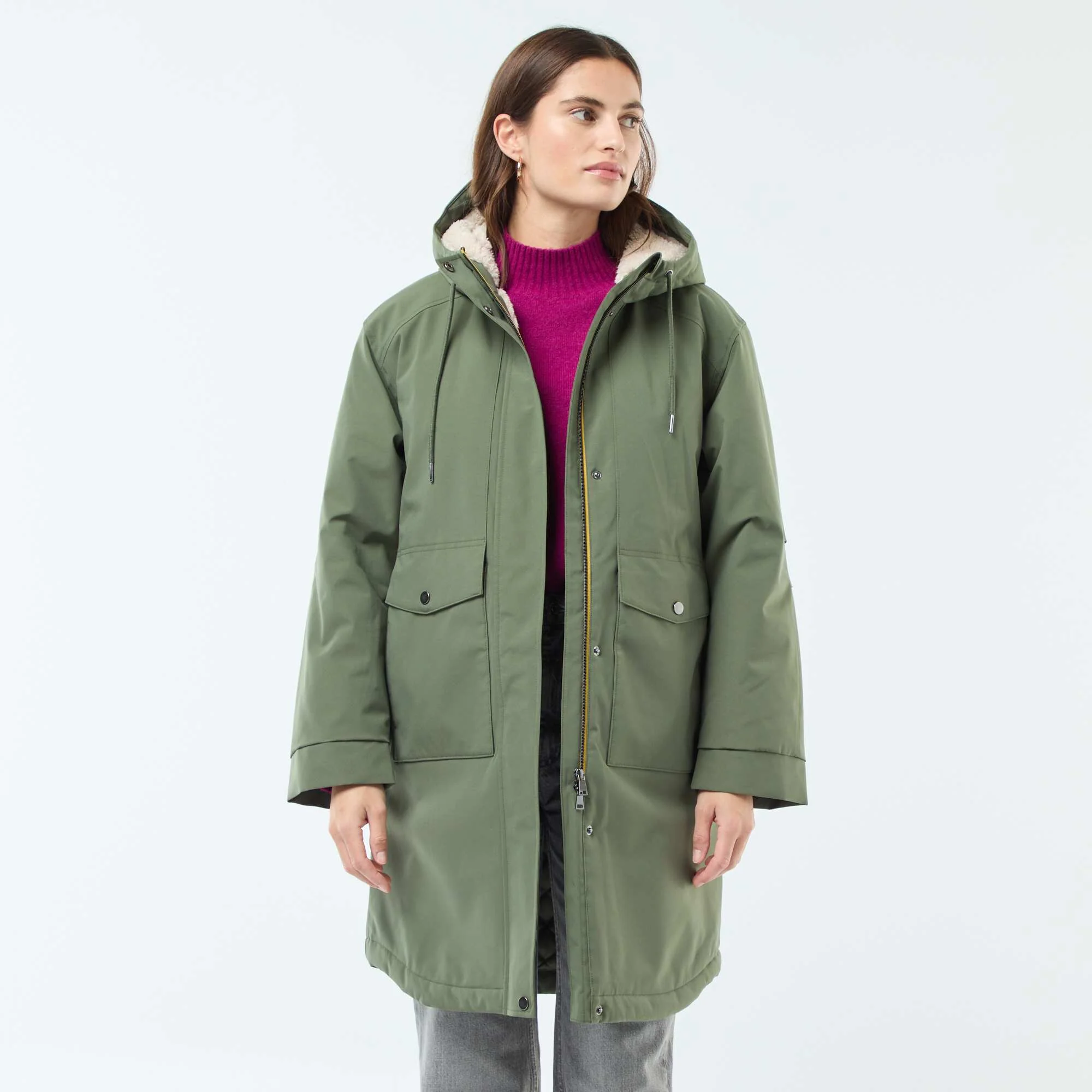 Long Hooded Parka with Shearling-Effect Lining GREEN