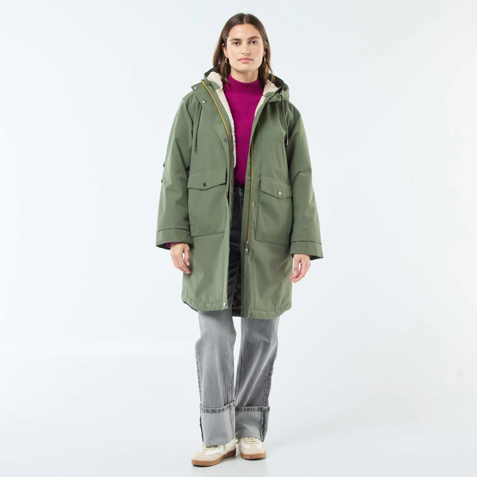 Long Hooded Parka with Shearling-Effect Lining GREEN - Image 2
