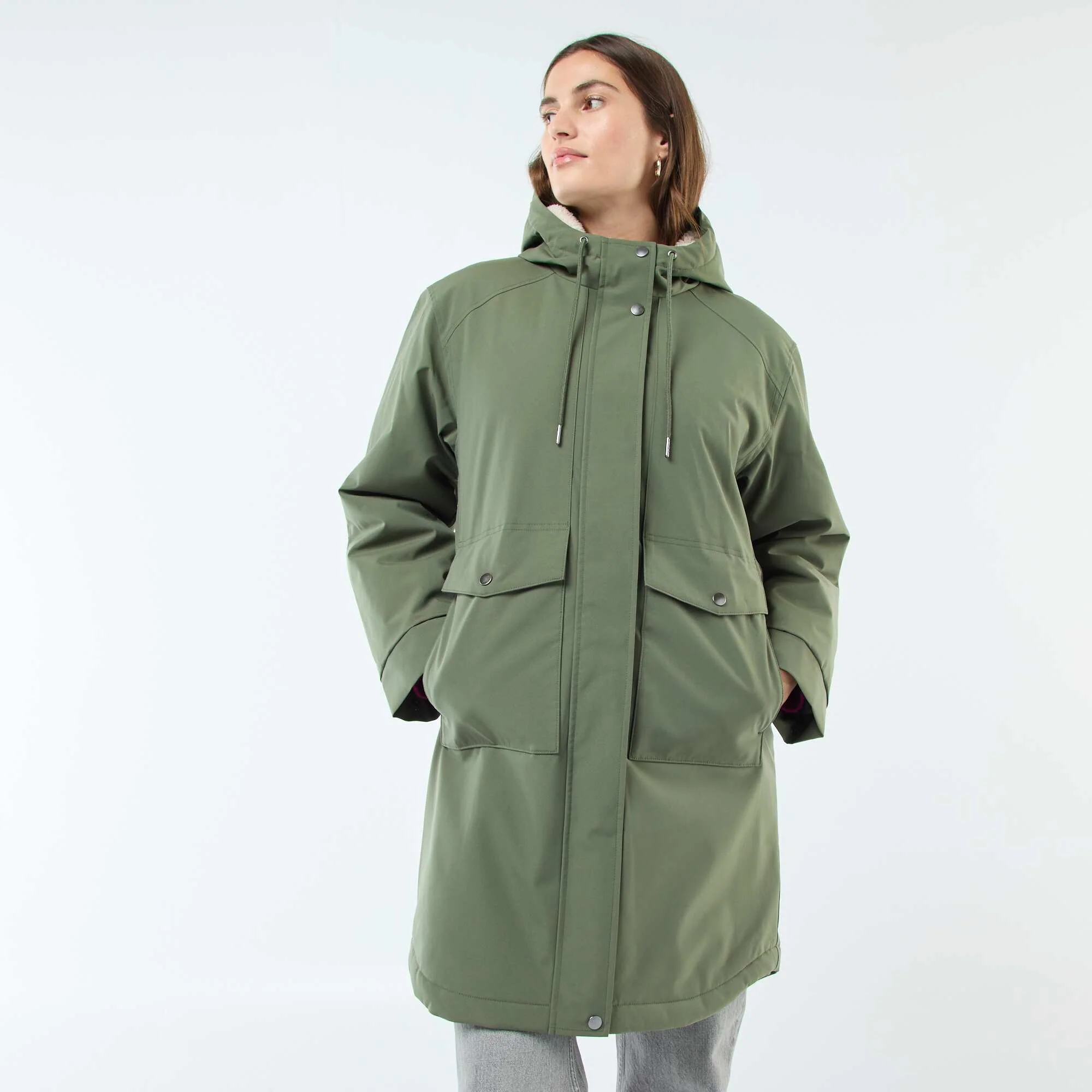 Long Hooded Parka with Shearling-Effect Lining GREEN - Image 3