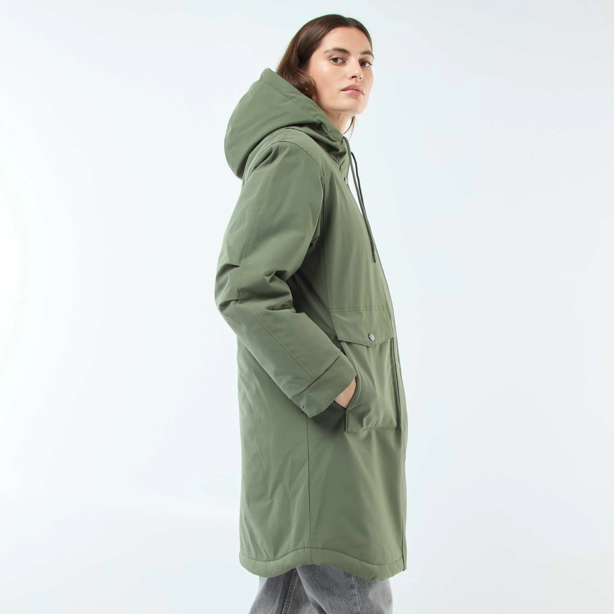 Long Hooded Parka with Shearling-Effect Lining GREEN - Image 5
