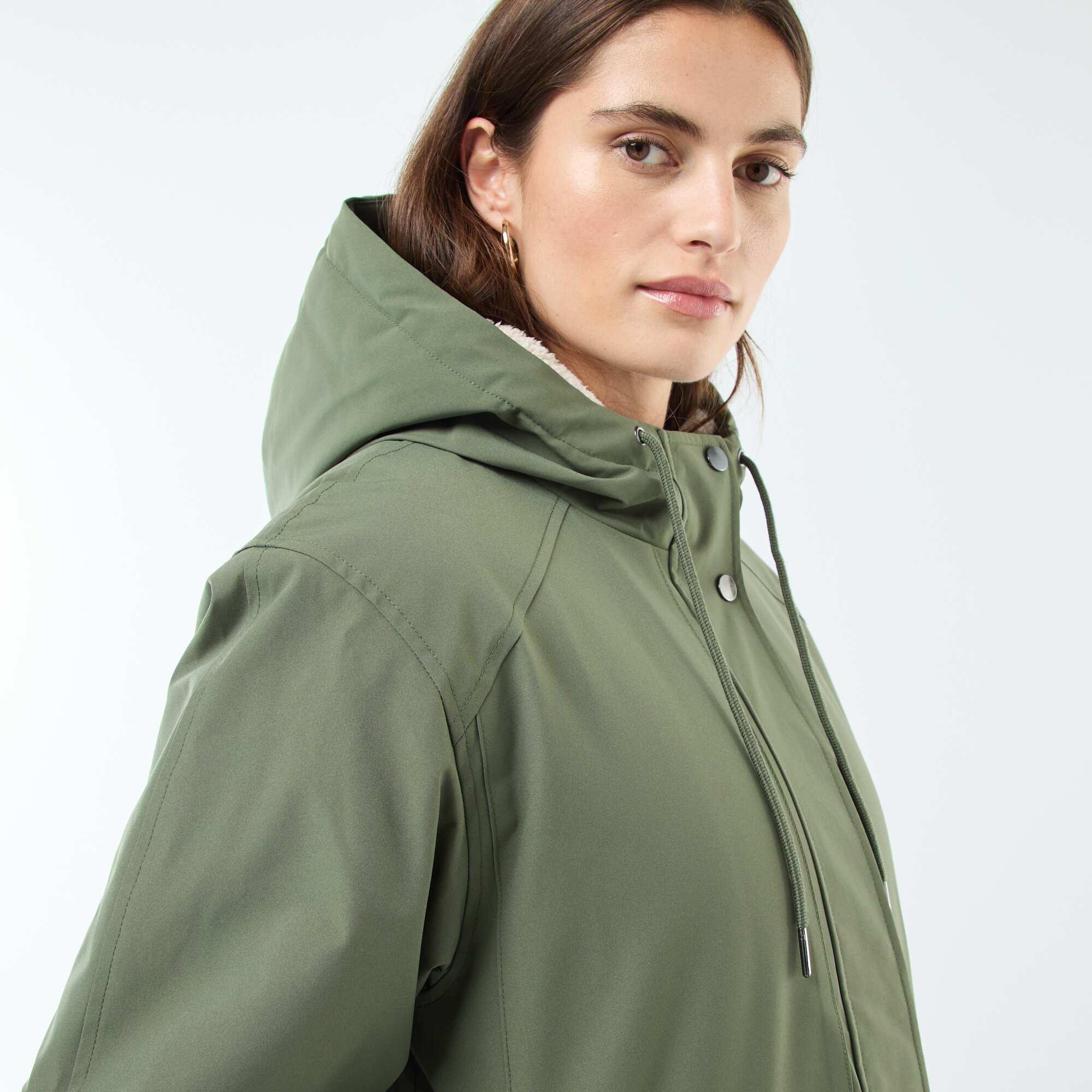 Long Hooded Parka with Shearling-Effect Lining GREEN - Image 6