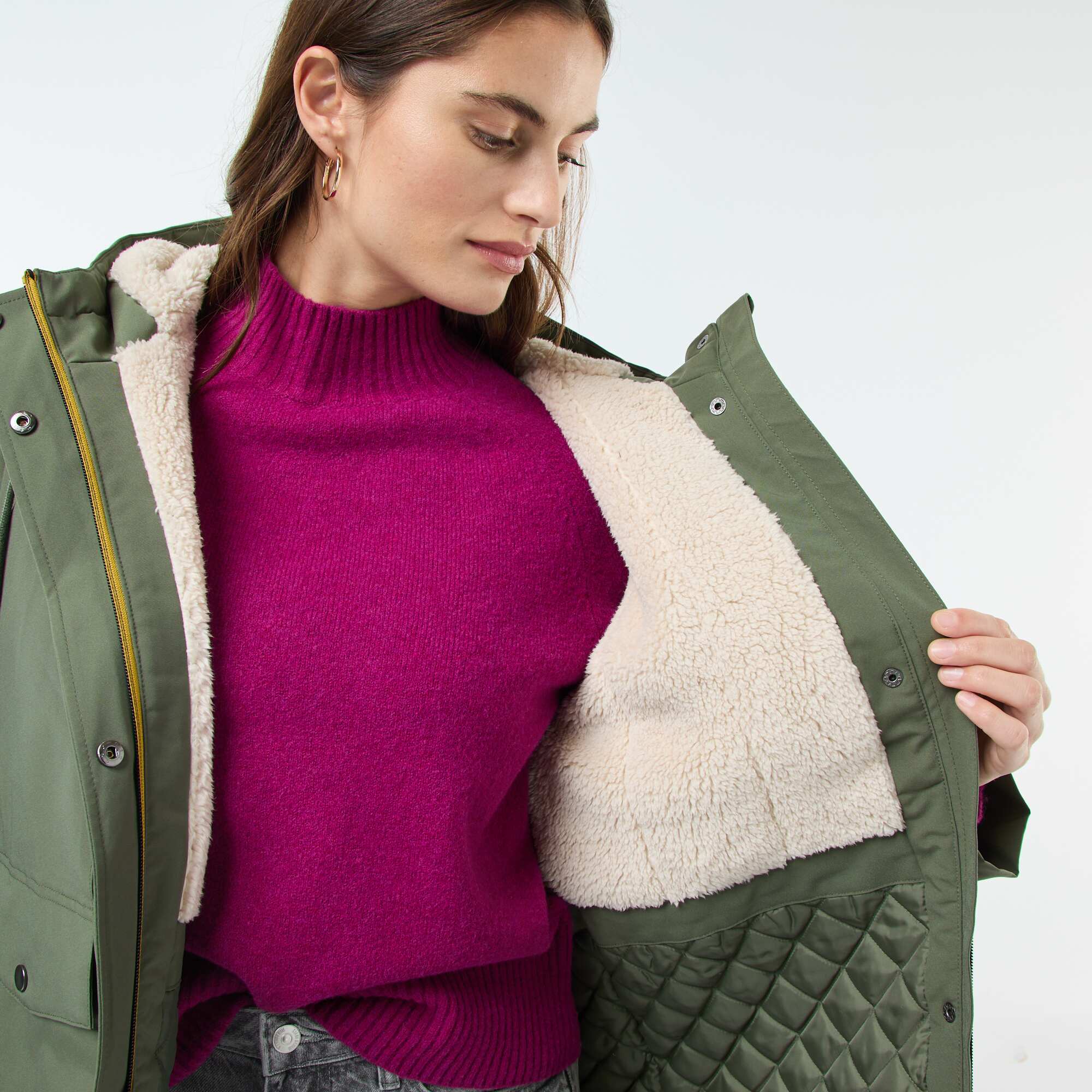 Long Hooded Parka with Shearling-Effect Lining GREEN - Image 7