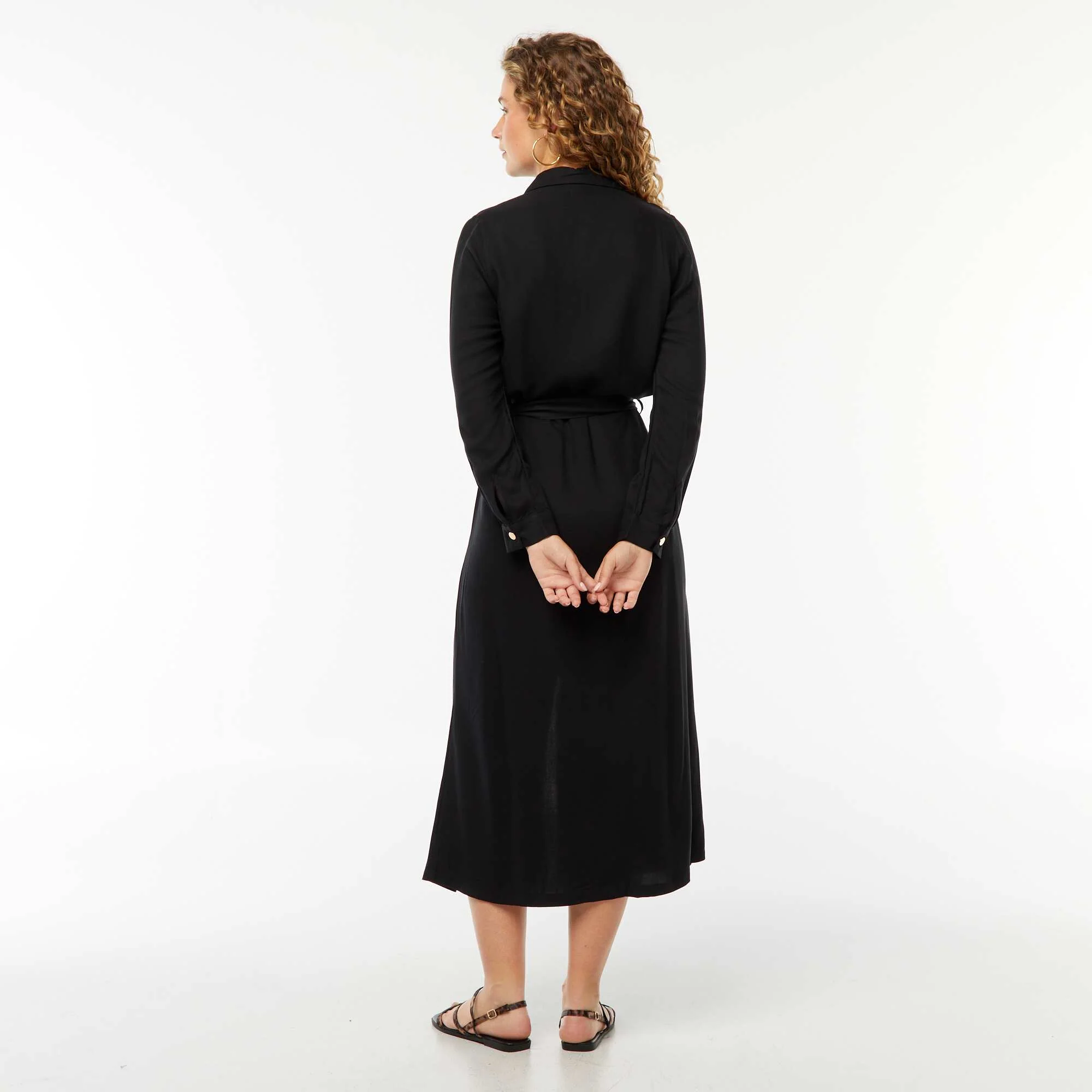 Long printed shirt dress with belt BLACK - Image 3