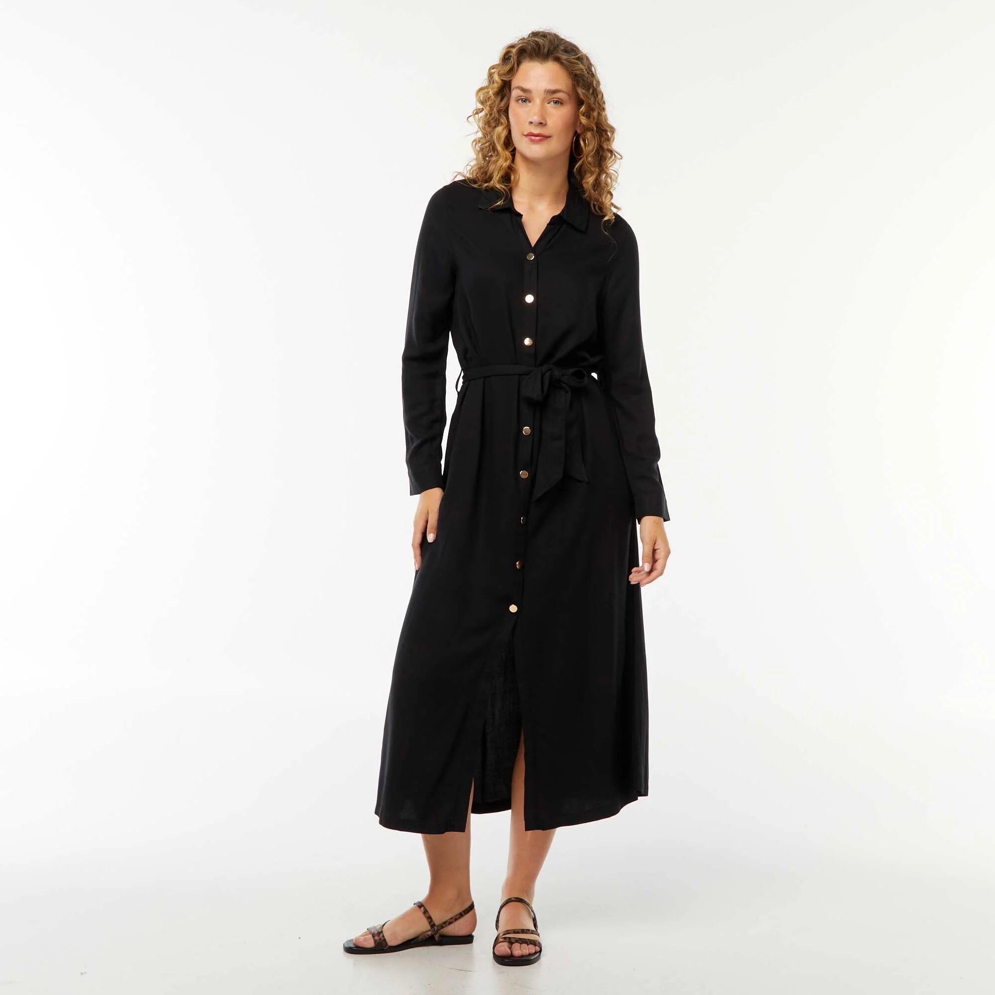 Long printed shirt dress with belt BLACK - Image 4