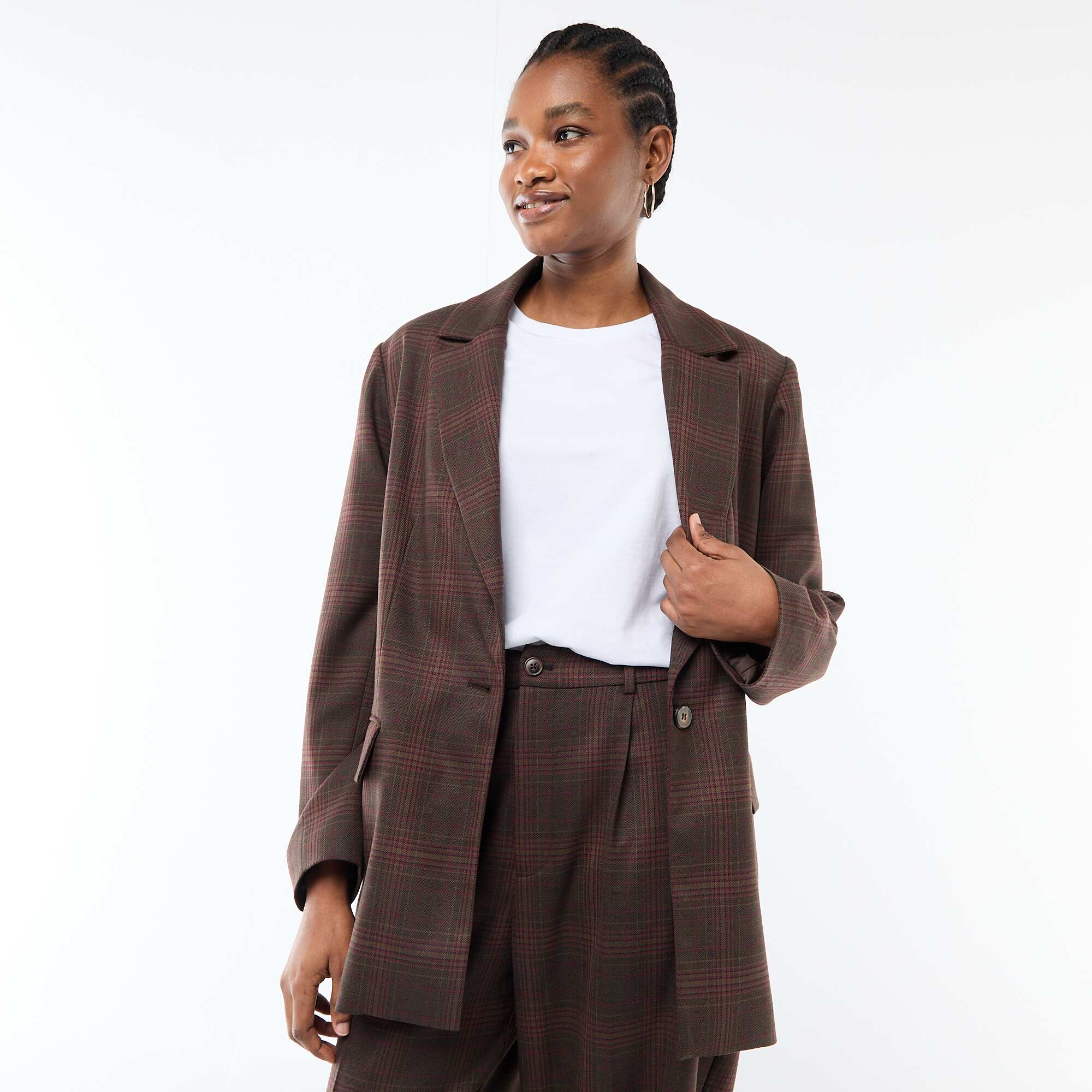 Long-Sleeve Check Blazer BROWN