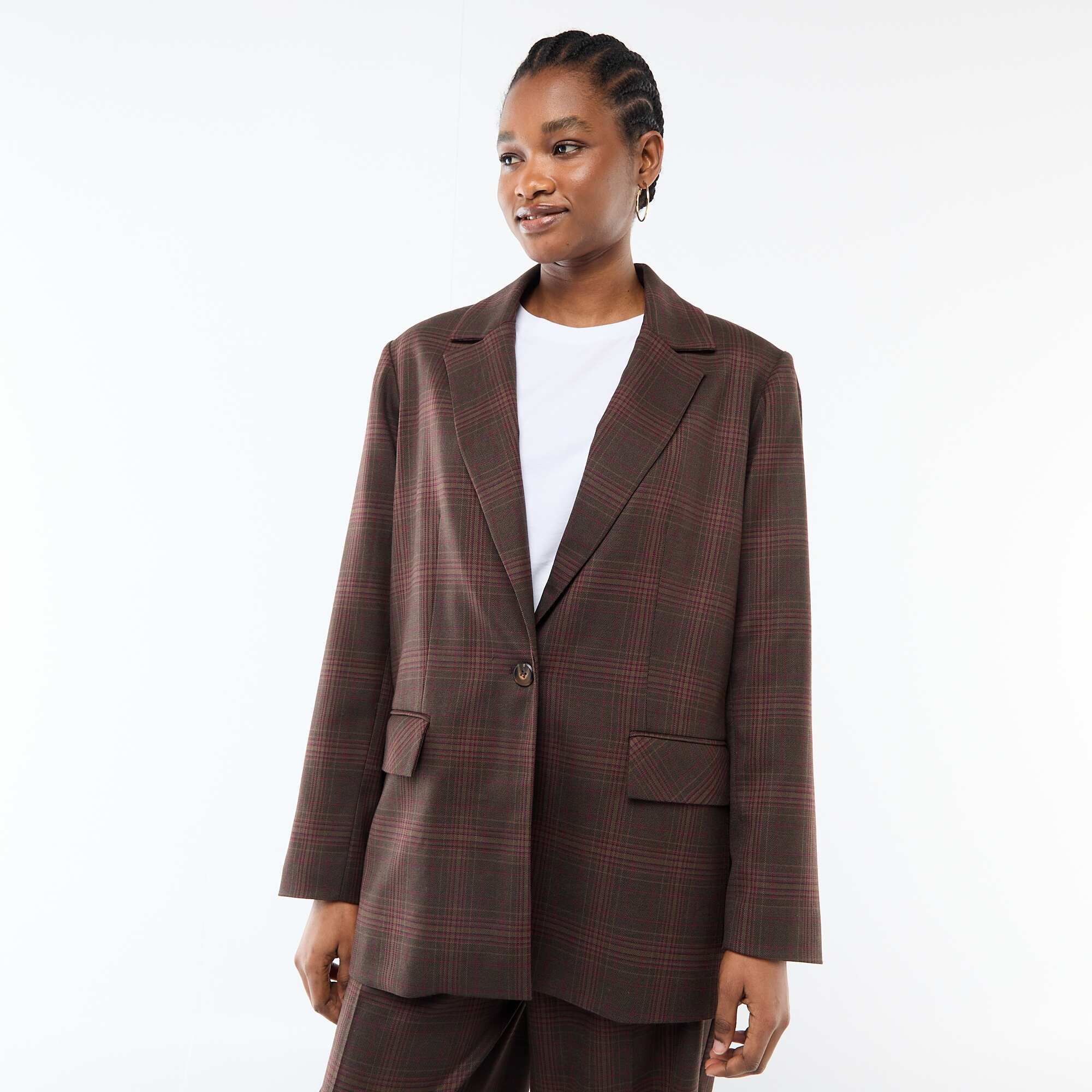 Long-Sleeve Check Blazer BROWN - Image 5