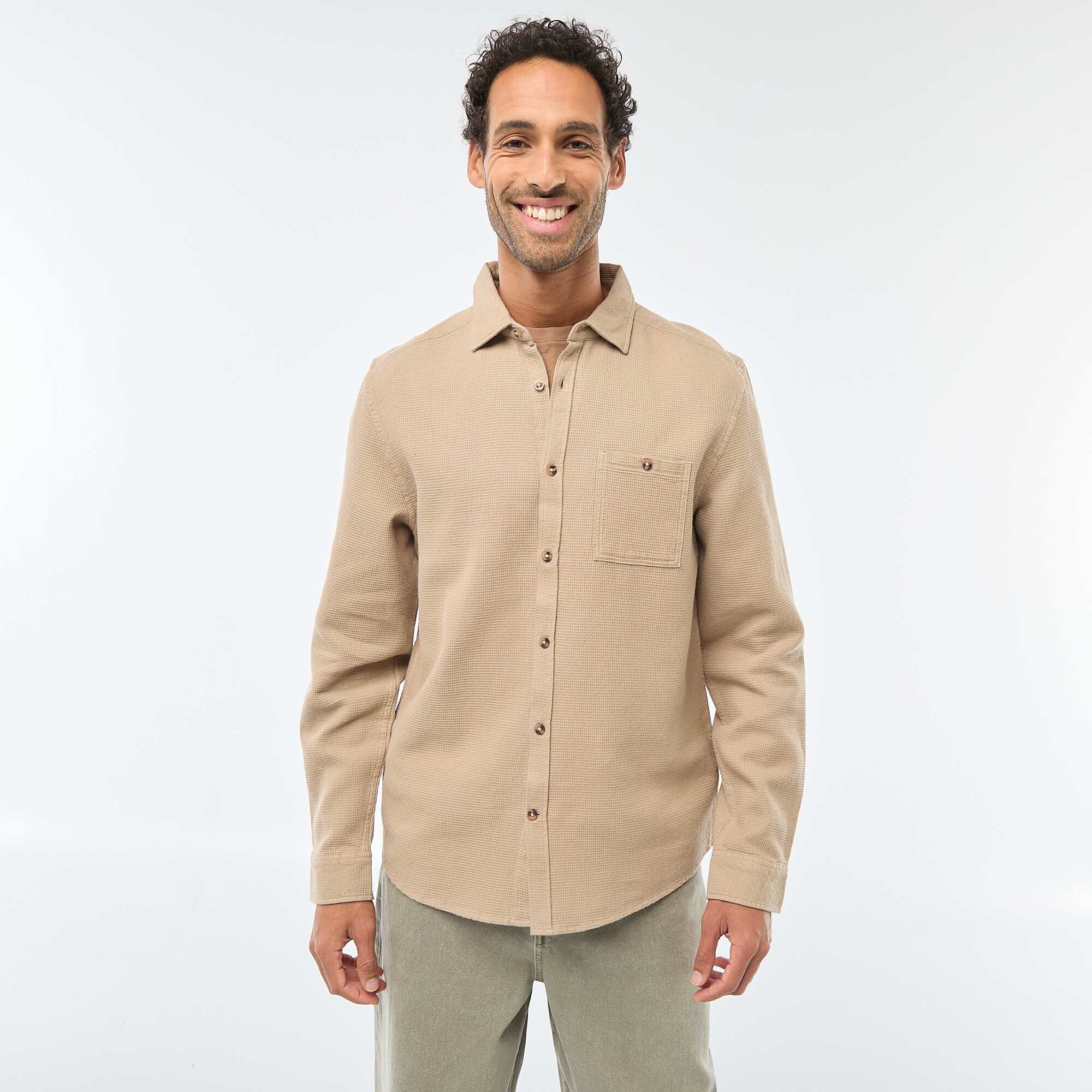 Long-Sleeve Waffle-Knit Shirt BEIGE