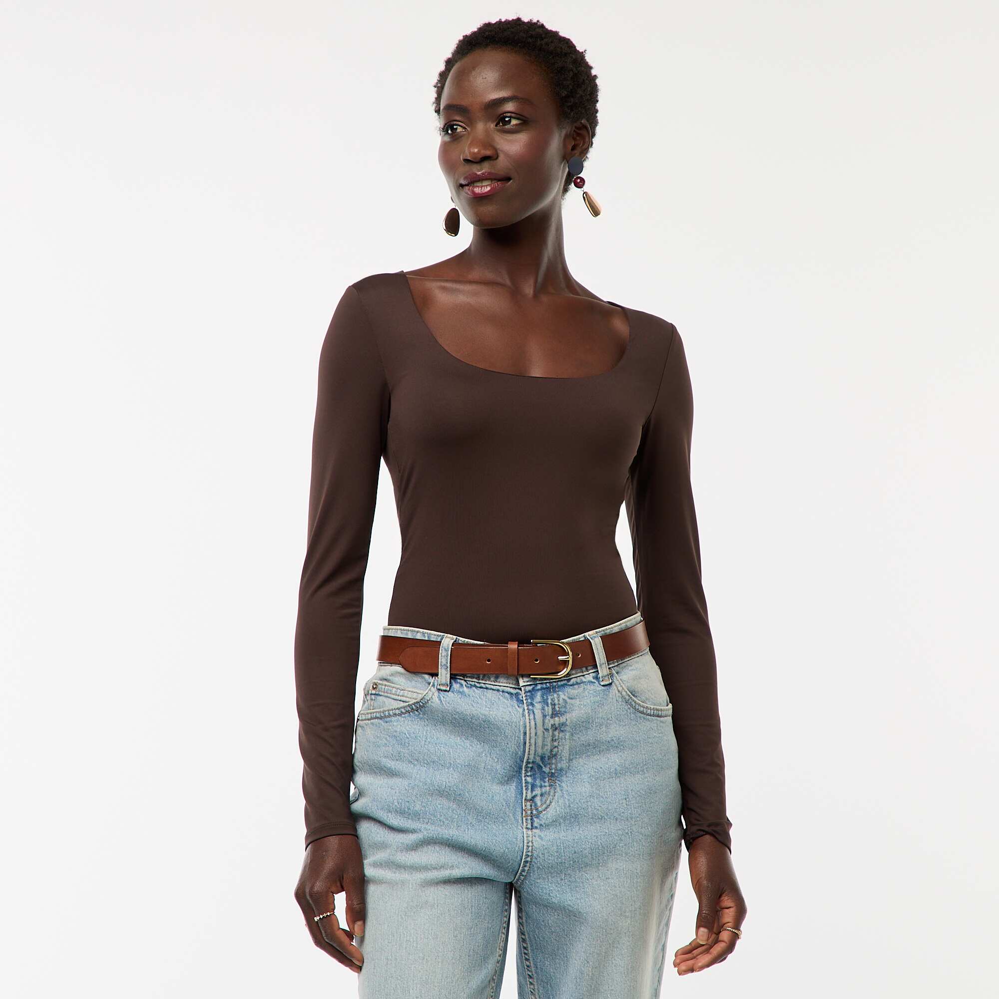 Long-sleeved bodysuit with round neck BROWN