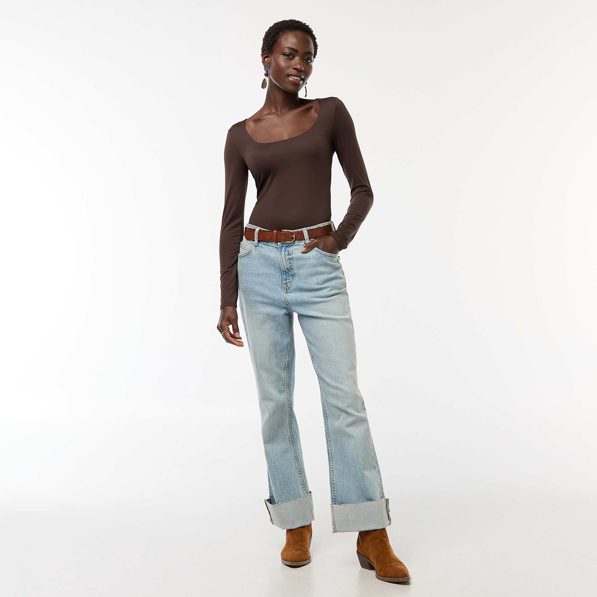 Long-sleeved bodysuit with round neck BROWN - Image 3