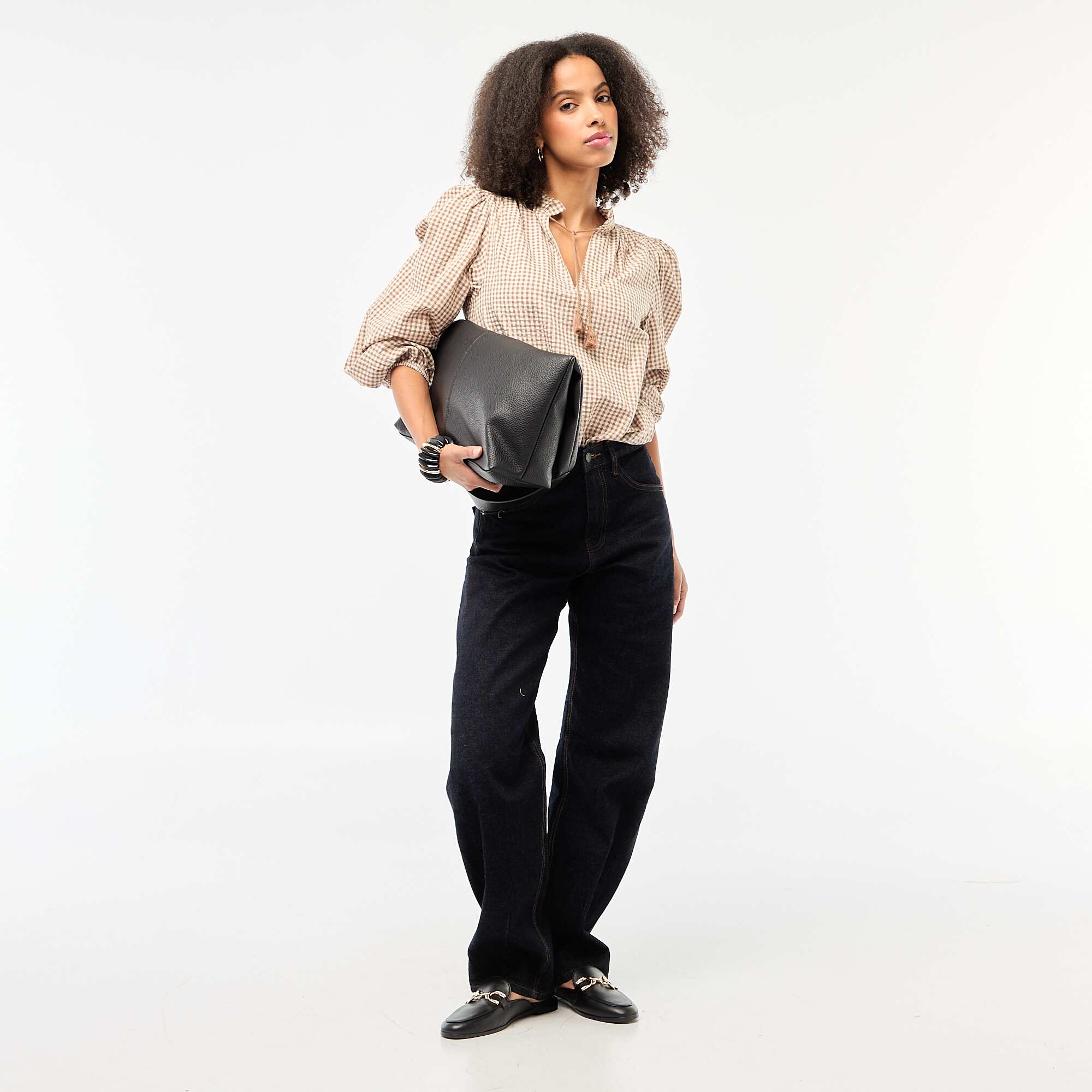 Long-sleeved Checkered Blouse BEIGE - Image 2