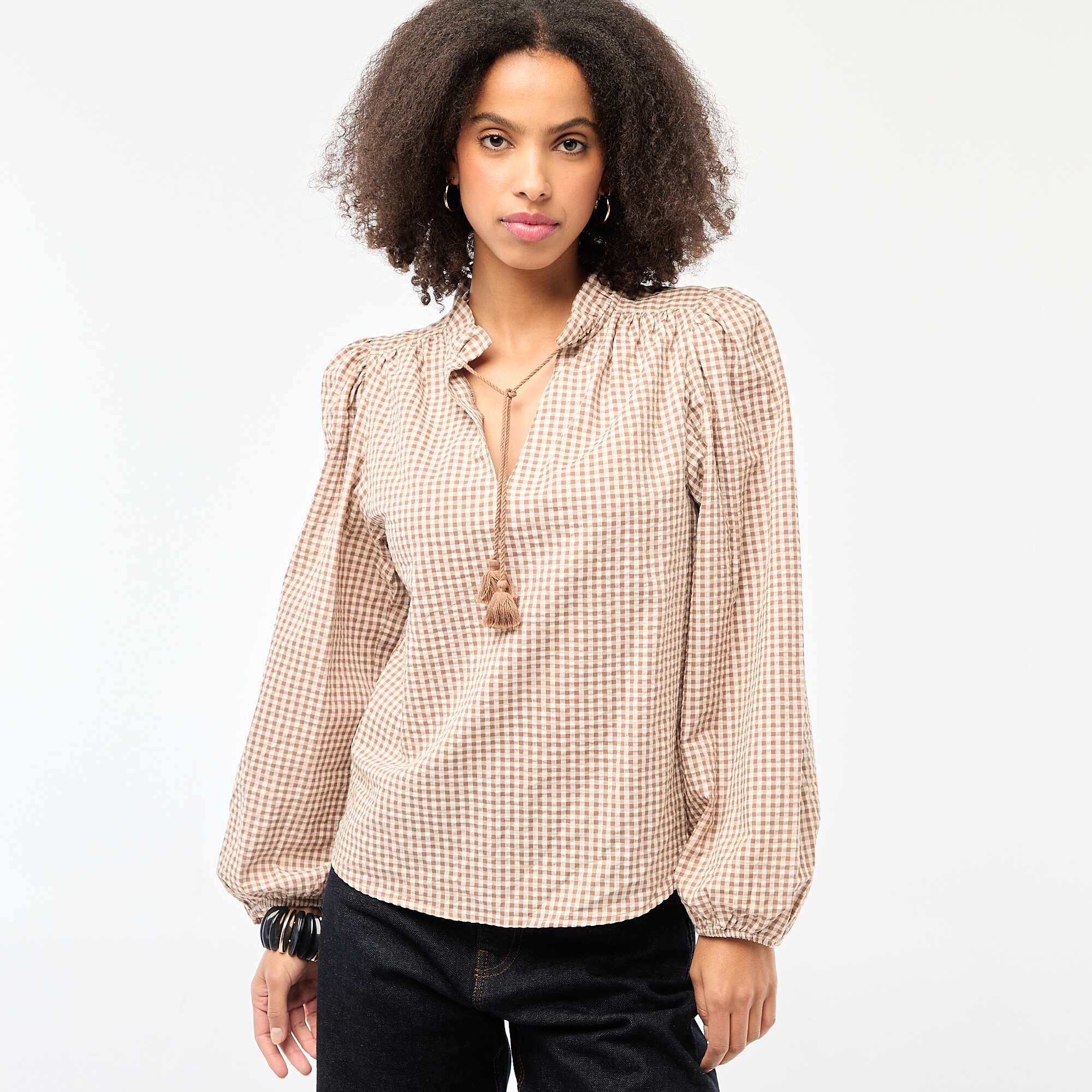 Long-sleeved Checkered Blouse BEIGE - Image 3