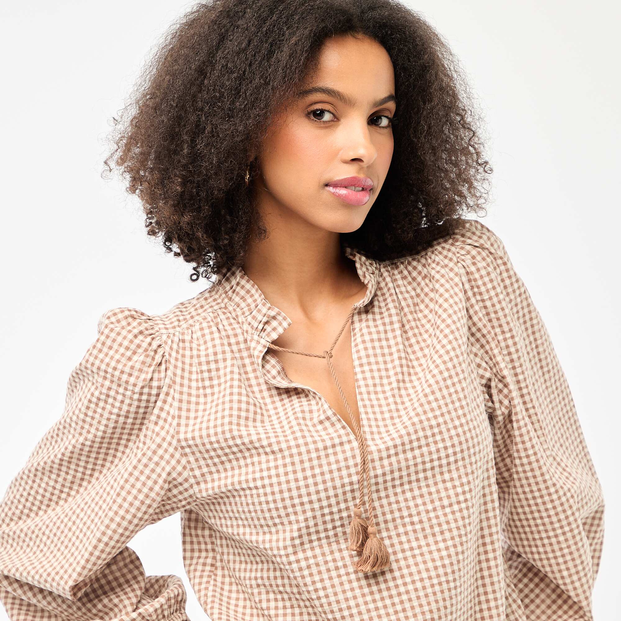 Long-sleeved Checkered Blouse BEIGE - Image 5