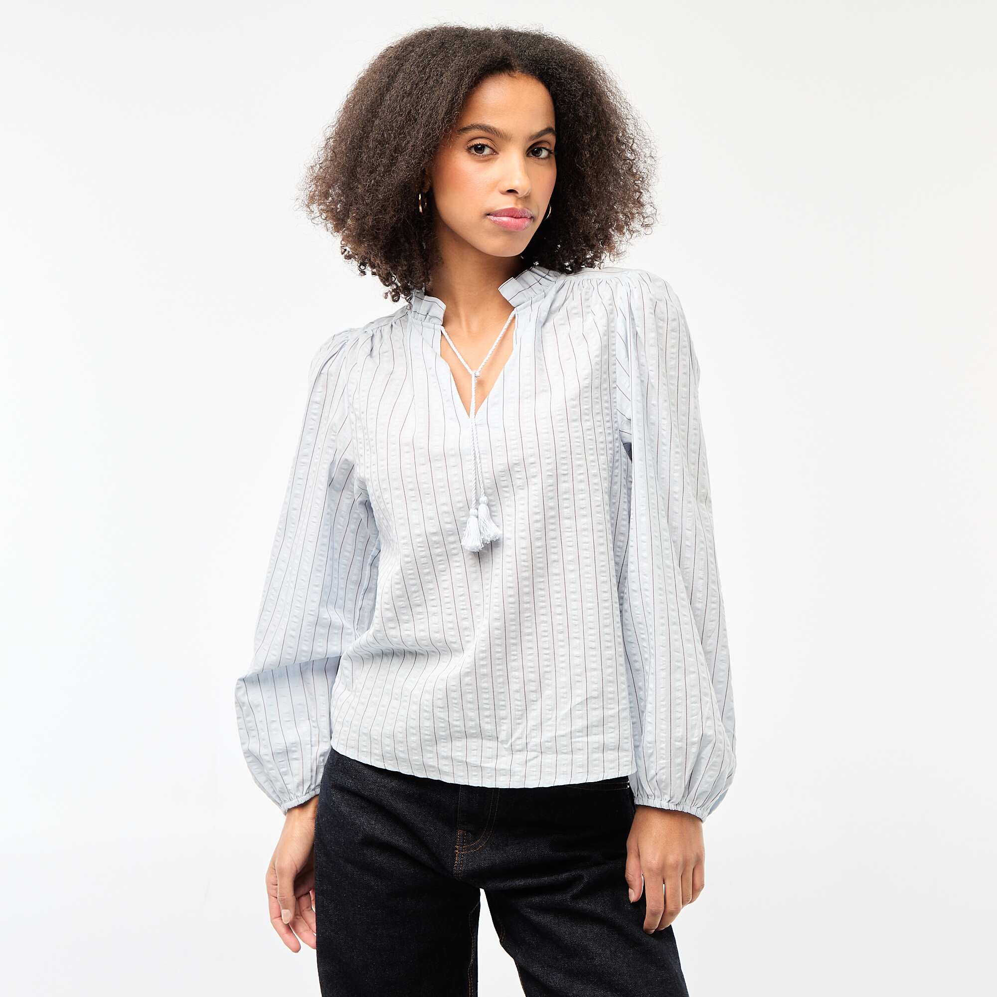 Long-sleeved Checkered Blouse BLUE - Image 3