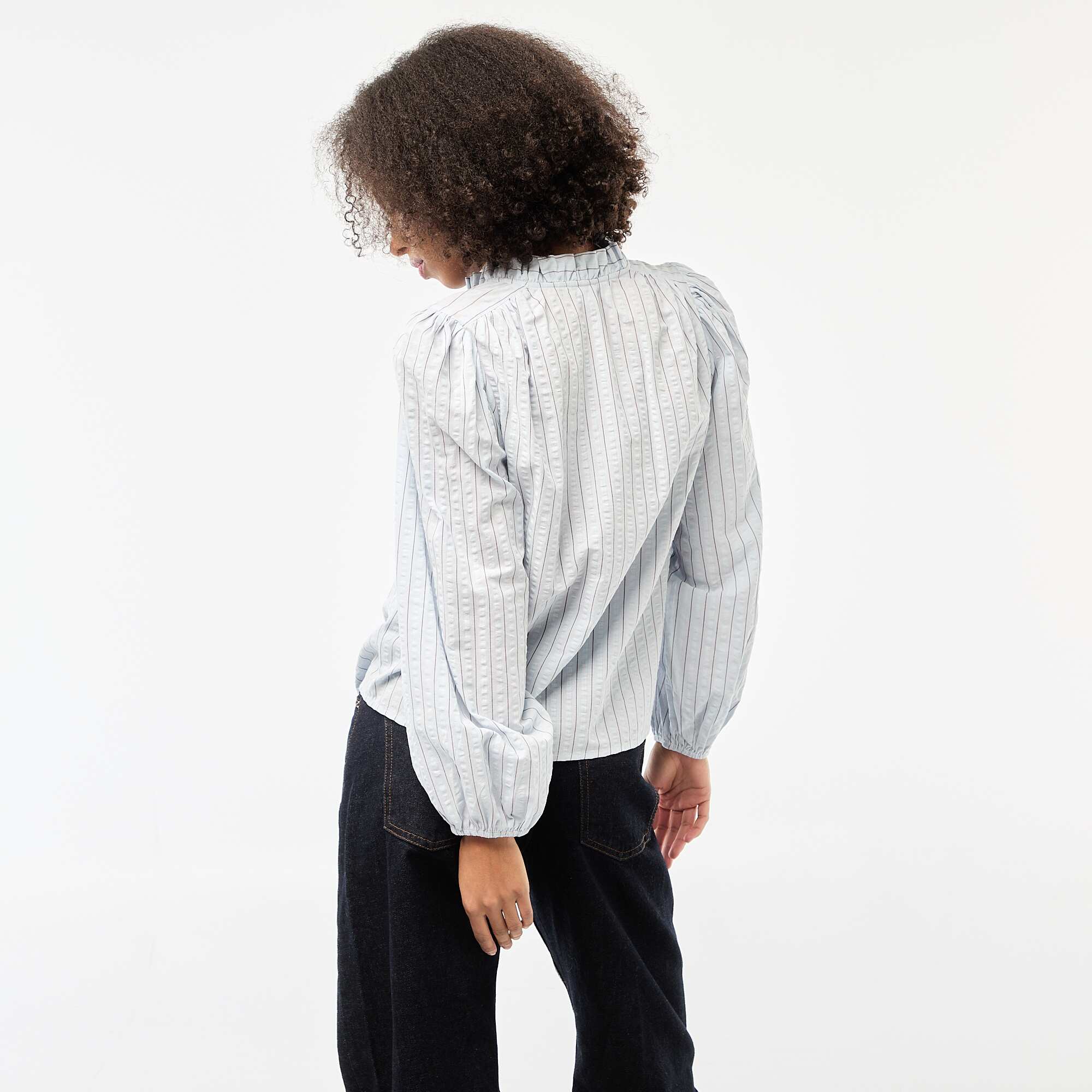 Long-sleeved Checkered Blouse BLUE - Image 4