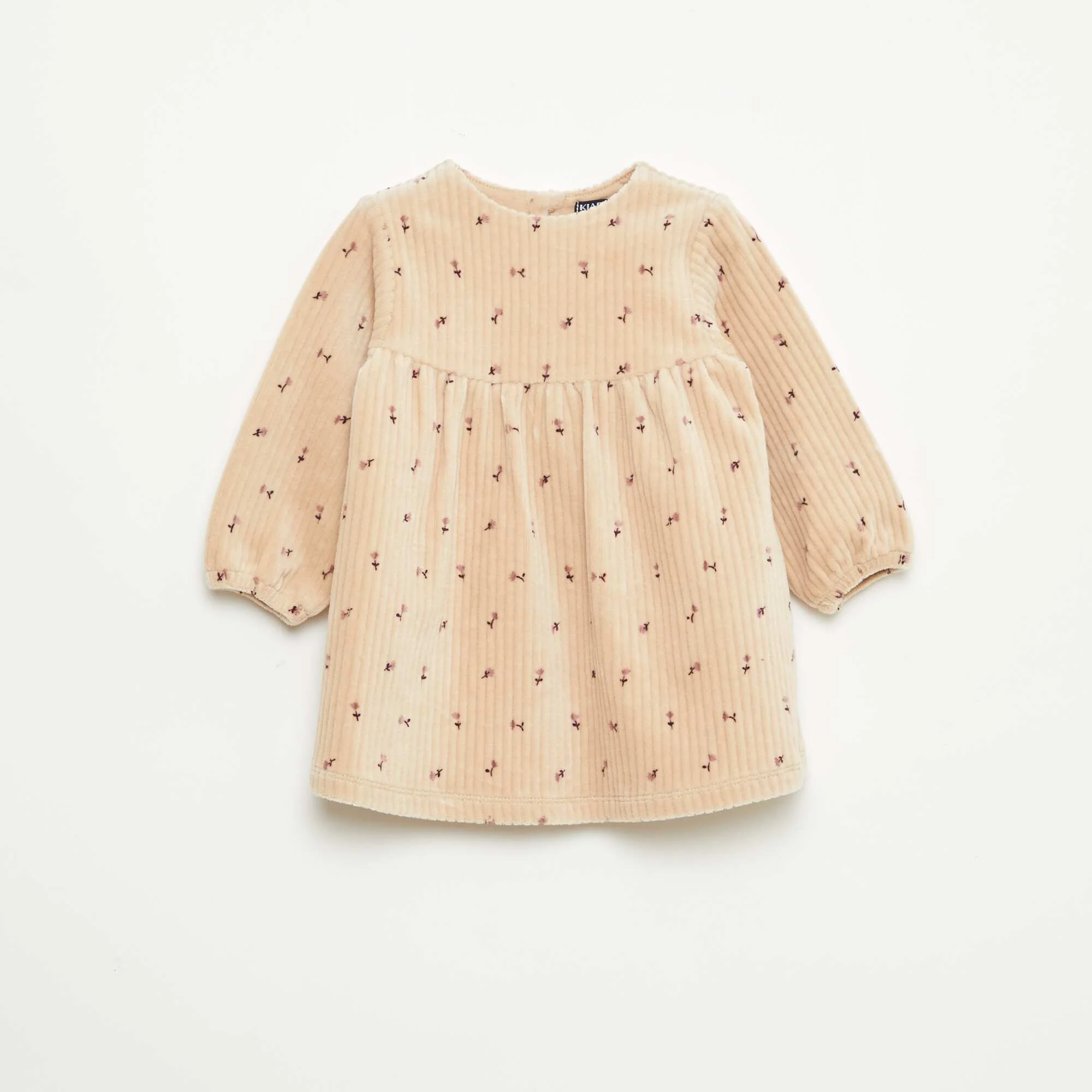 Long-sleeved corduroy dress with print BEIGE