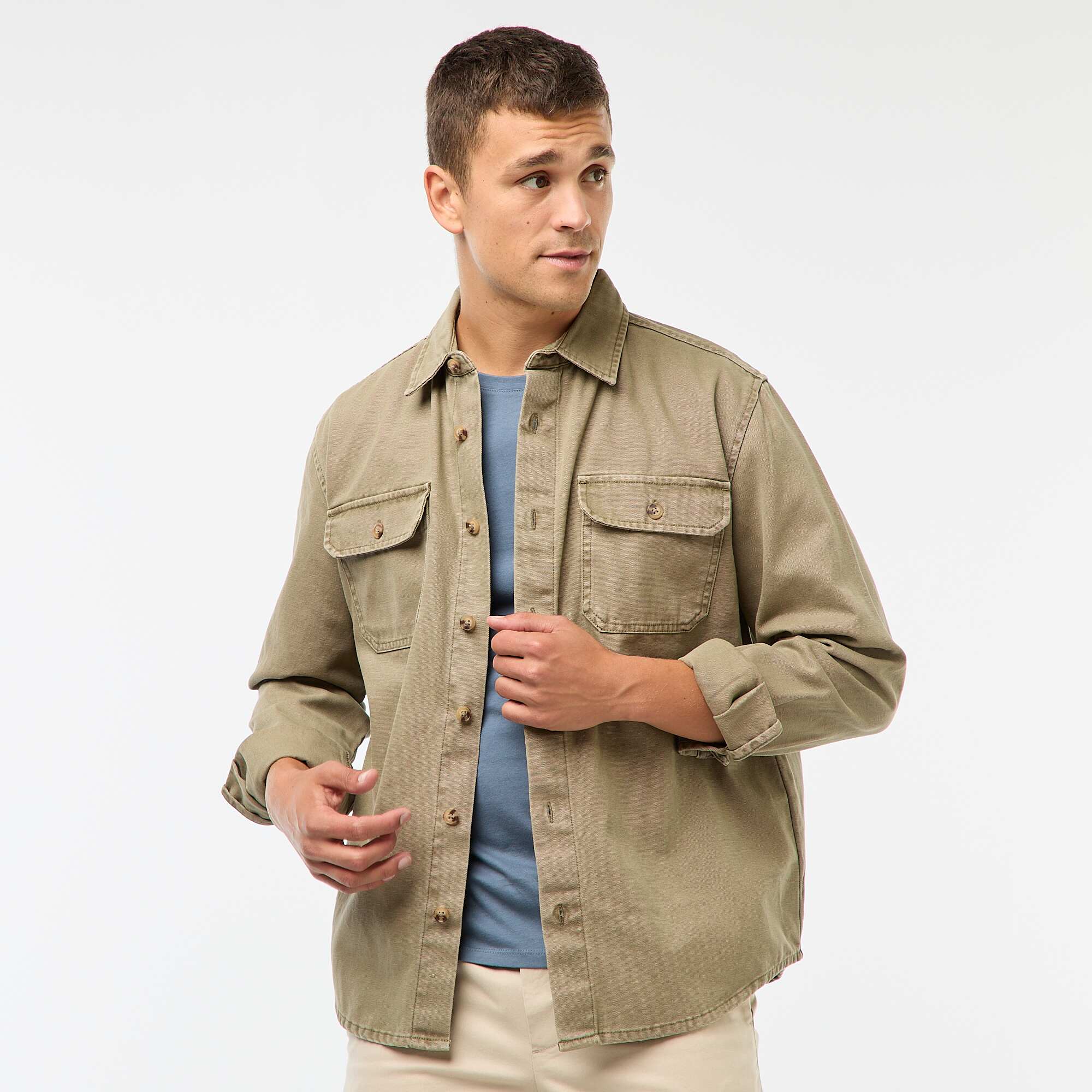Long-Sleeved Cotton Overshirt KHAKI