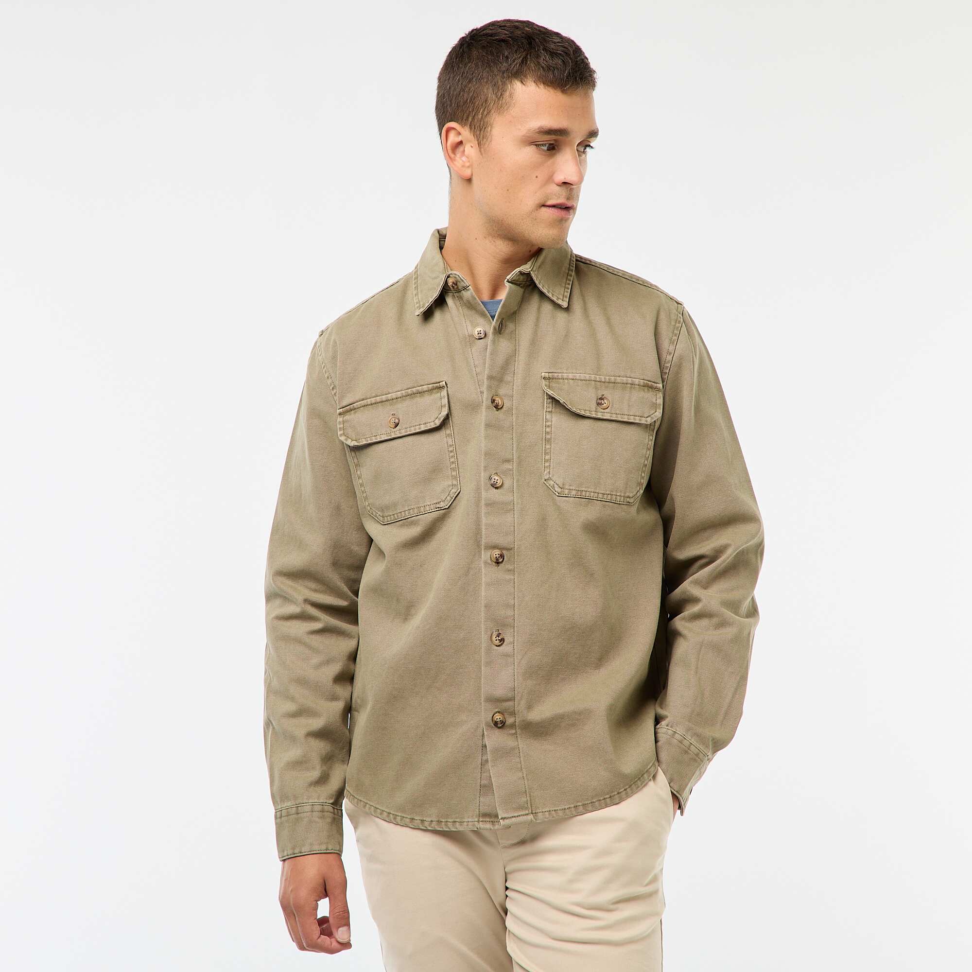 Long-Sleeved Cotton Overshirt KHAKI - Image 4