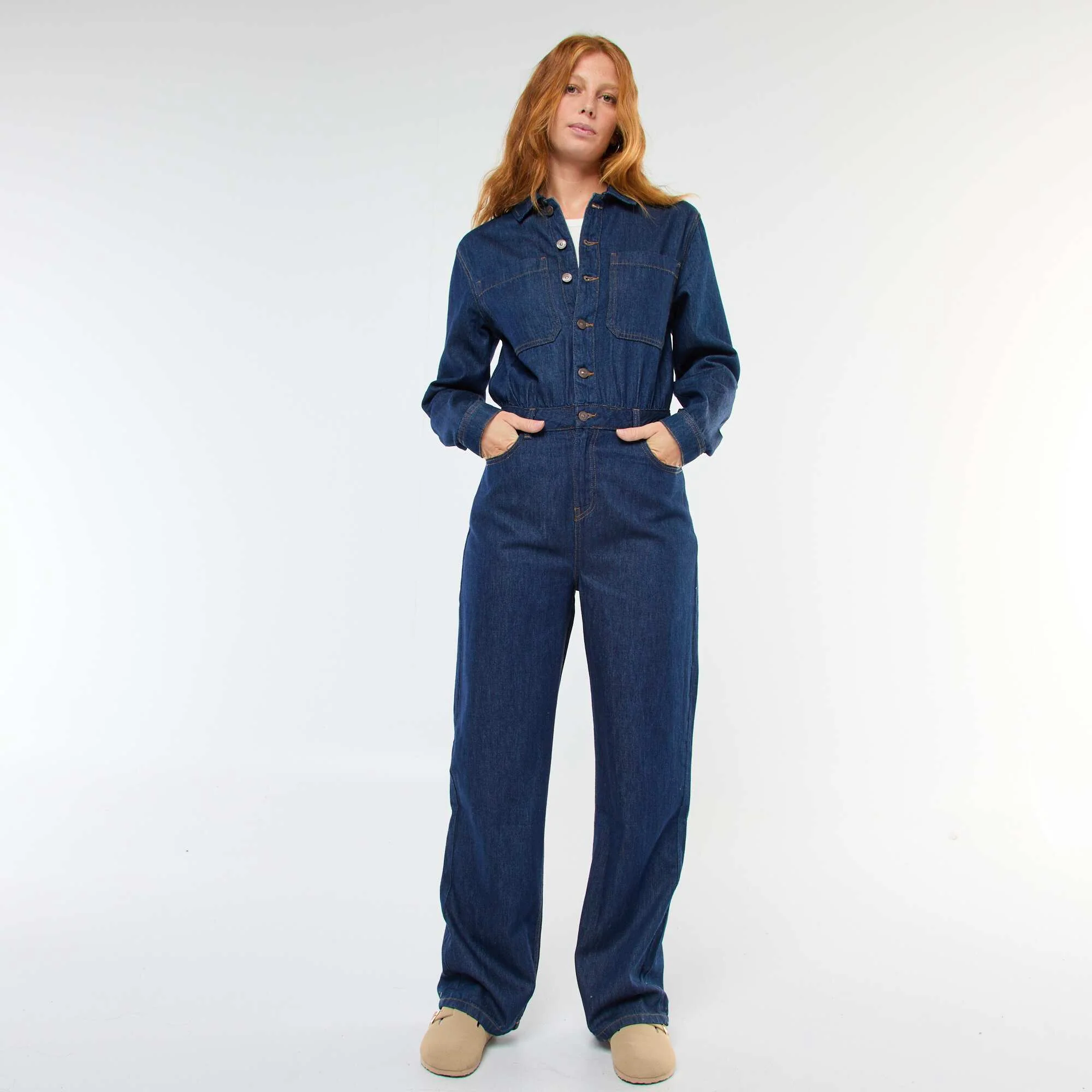 Long-Sleeved Denim Jumpsuit BLUE
