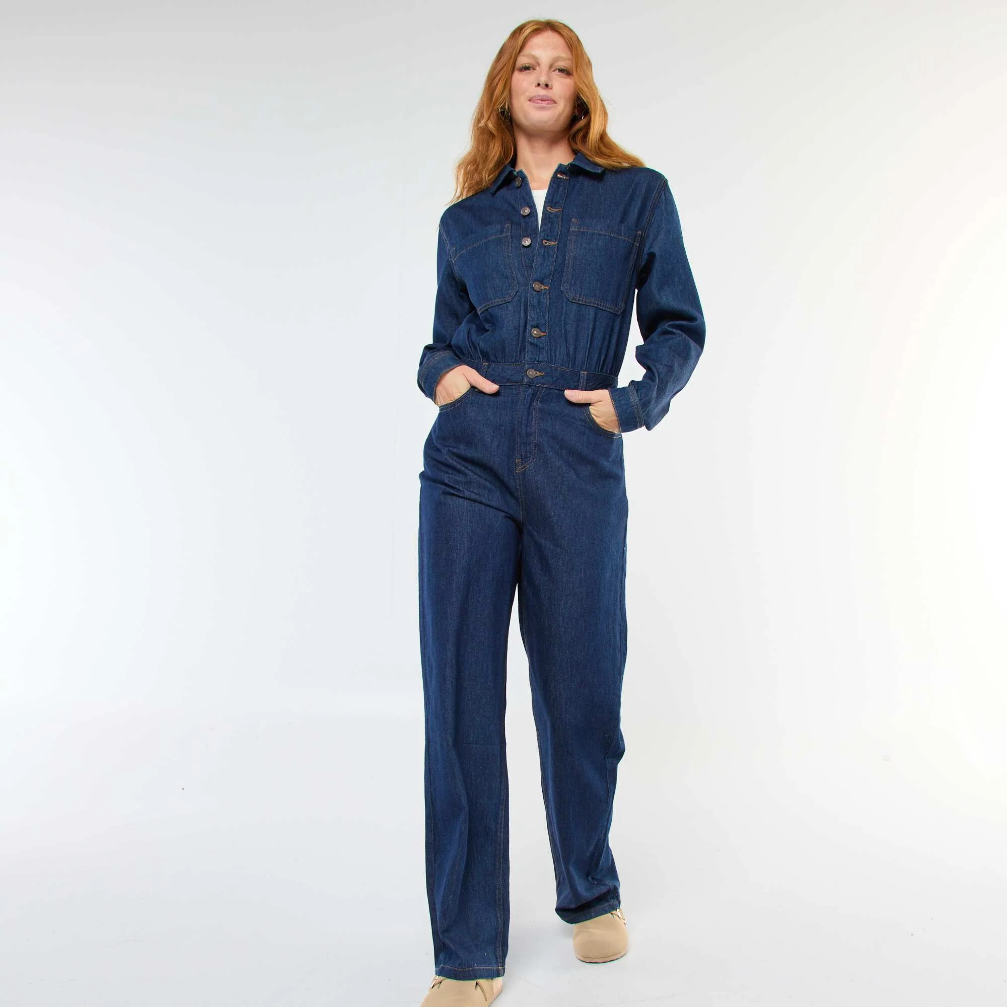 Long-Sleeved Denim Jumpsuit BLUE - Image 4