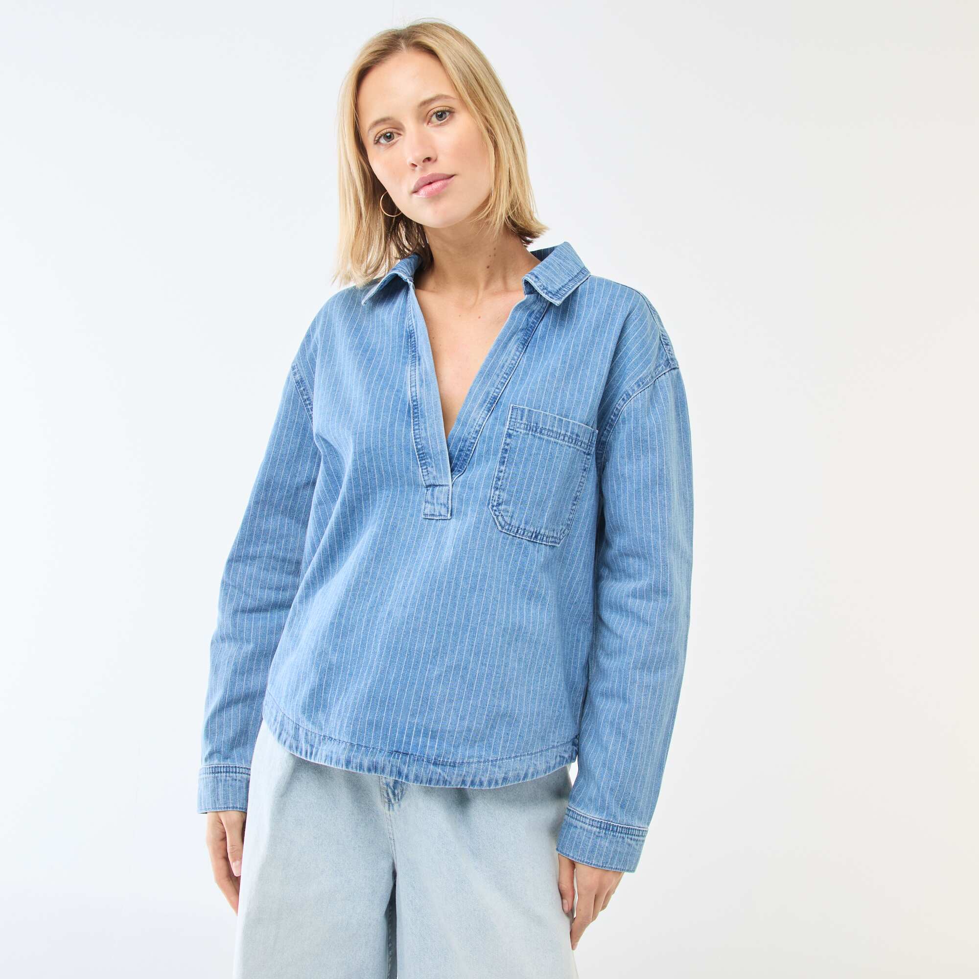 Long-Sleeved Denim Shirt BLUE - Image 3
