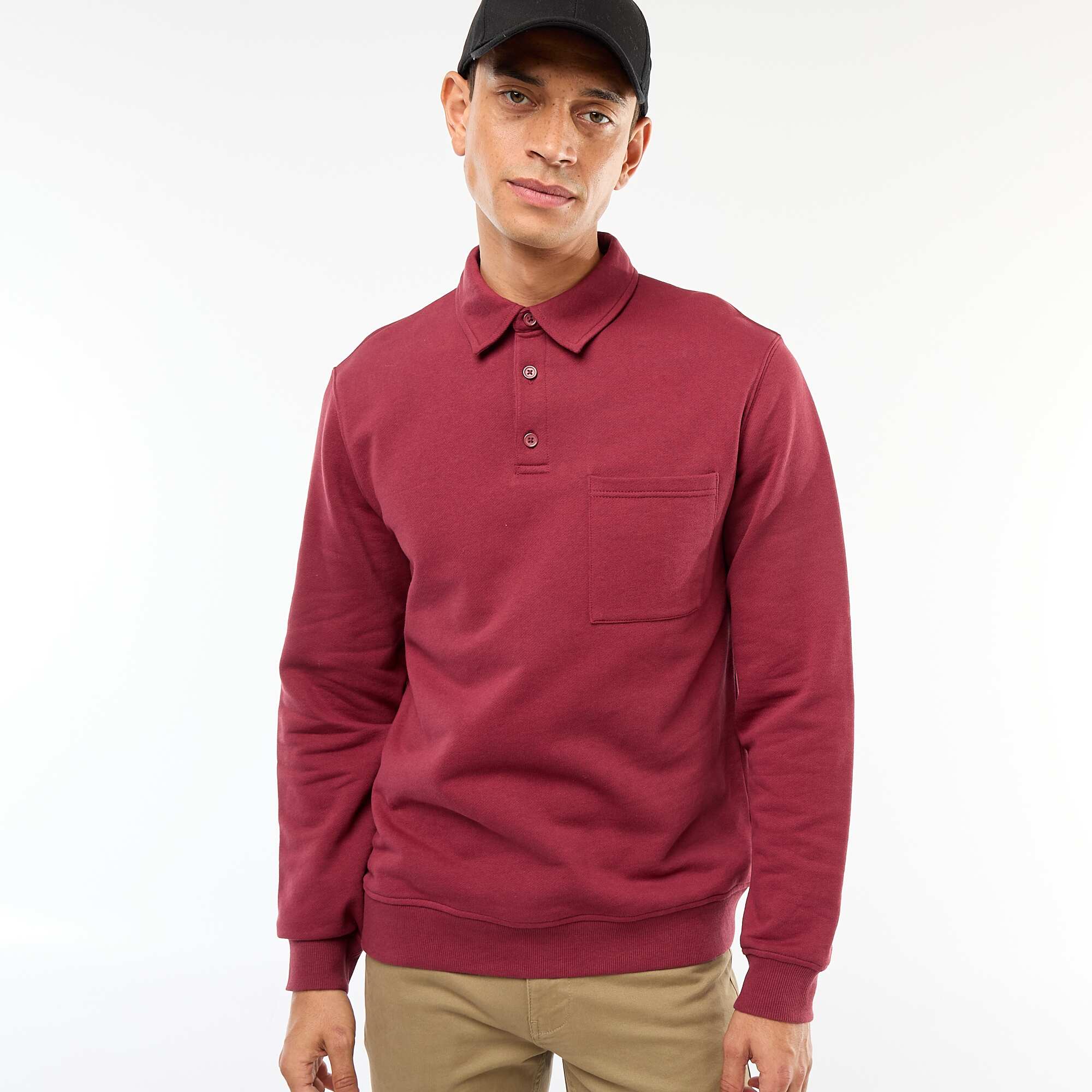 Long-sleeved plain polo sweatshirt RED - Image 3