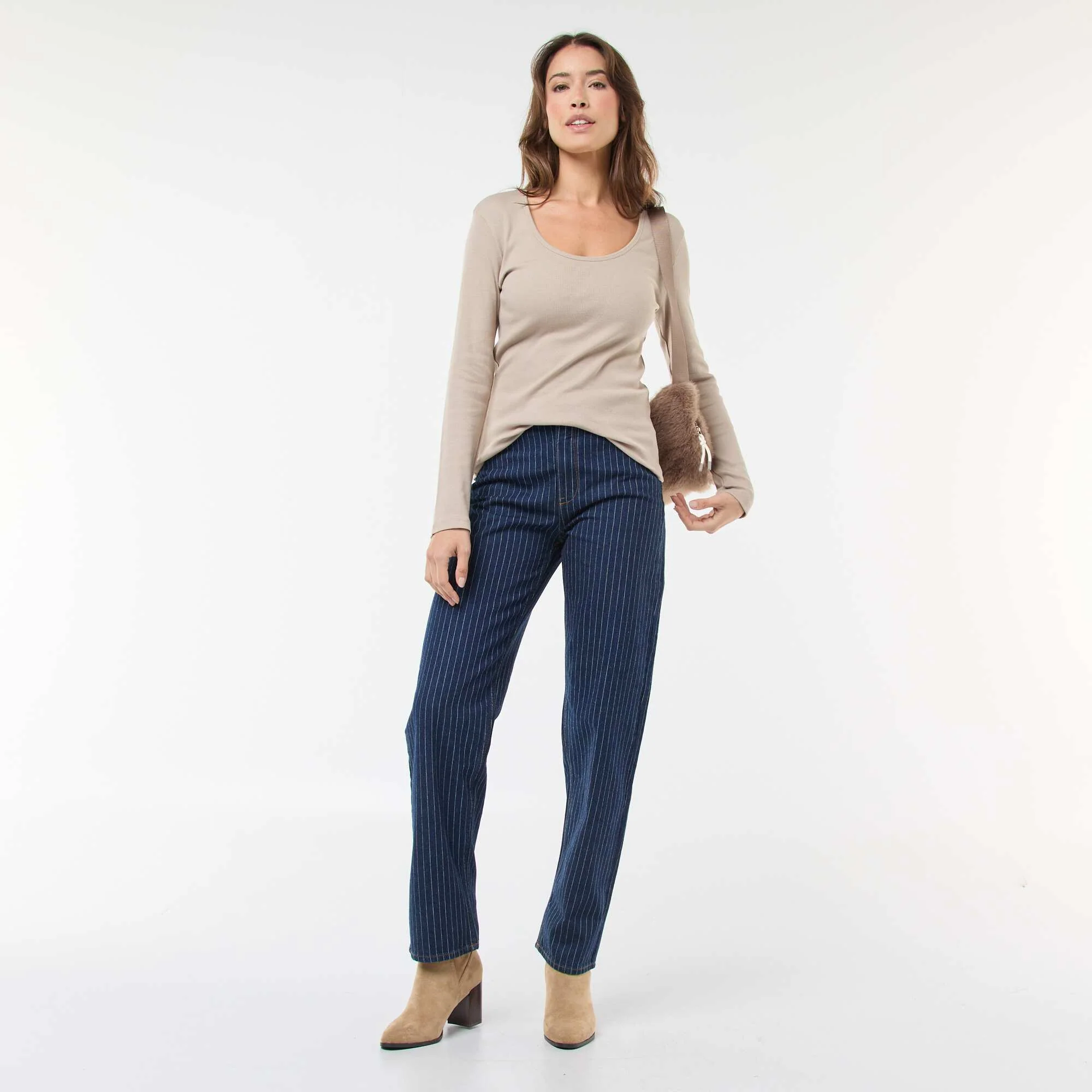 Long-Sleeved Ribbed T-Shirt BEIGE - Image 2