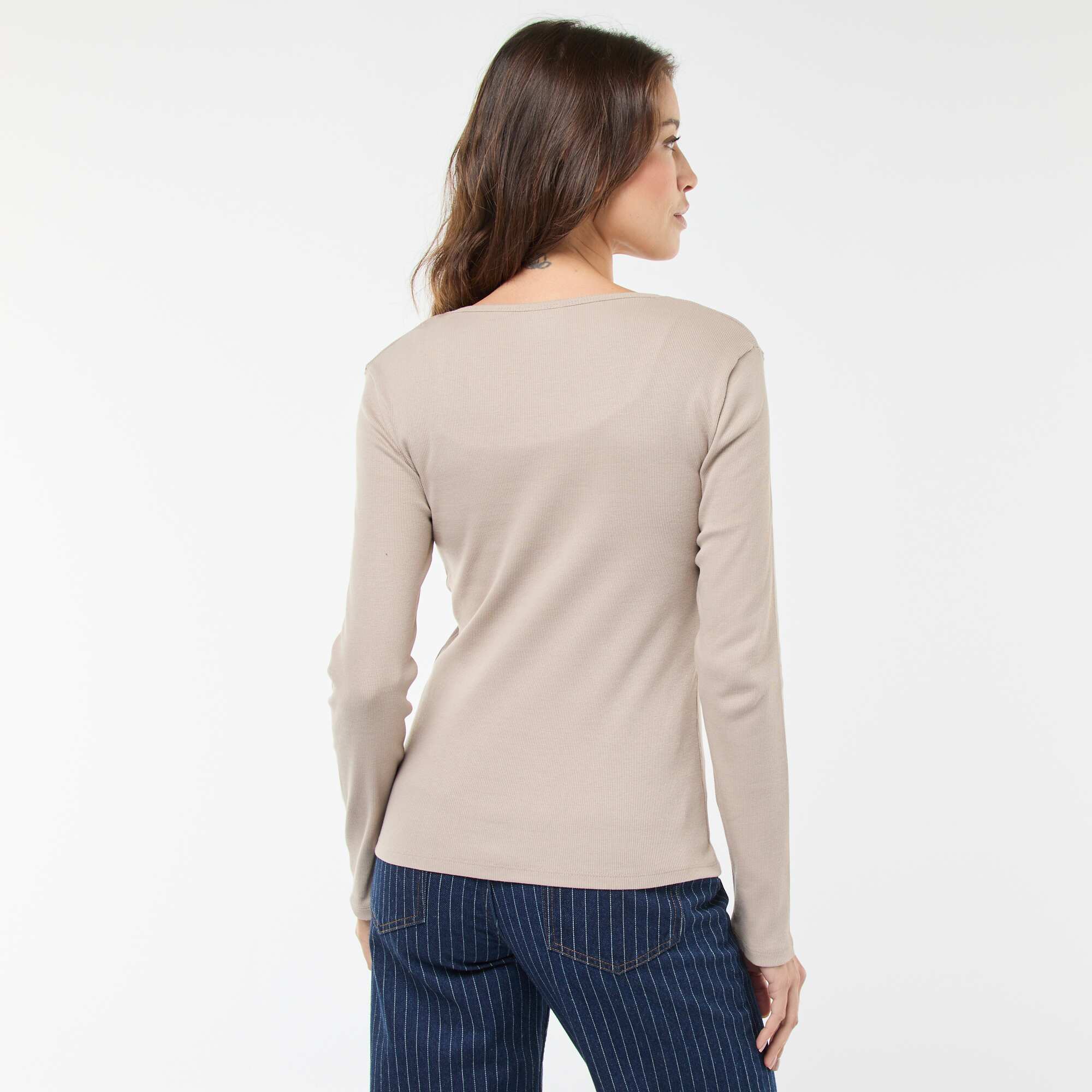 Long-Sleeved Ribbed T-Shirt BEIGE - Image 3